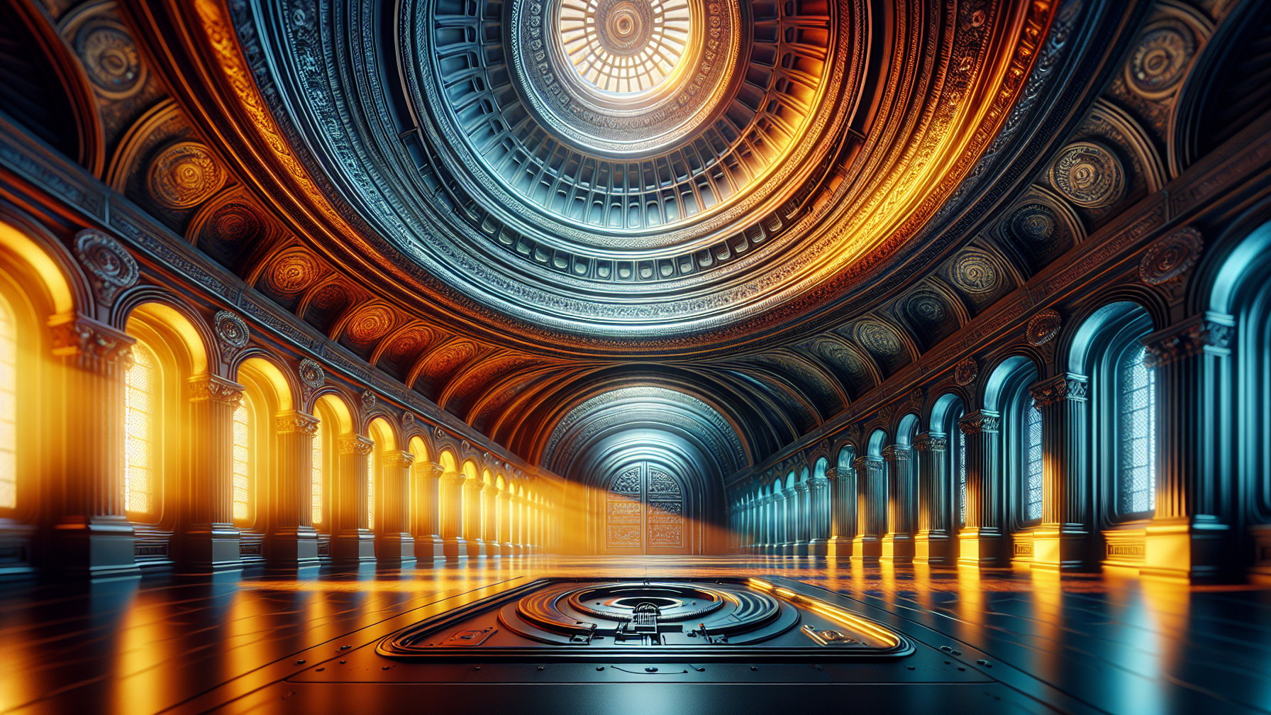 Grand hall with ornate ceiling and elegant columns