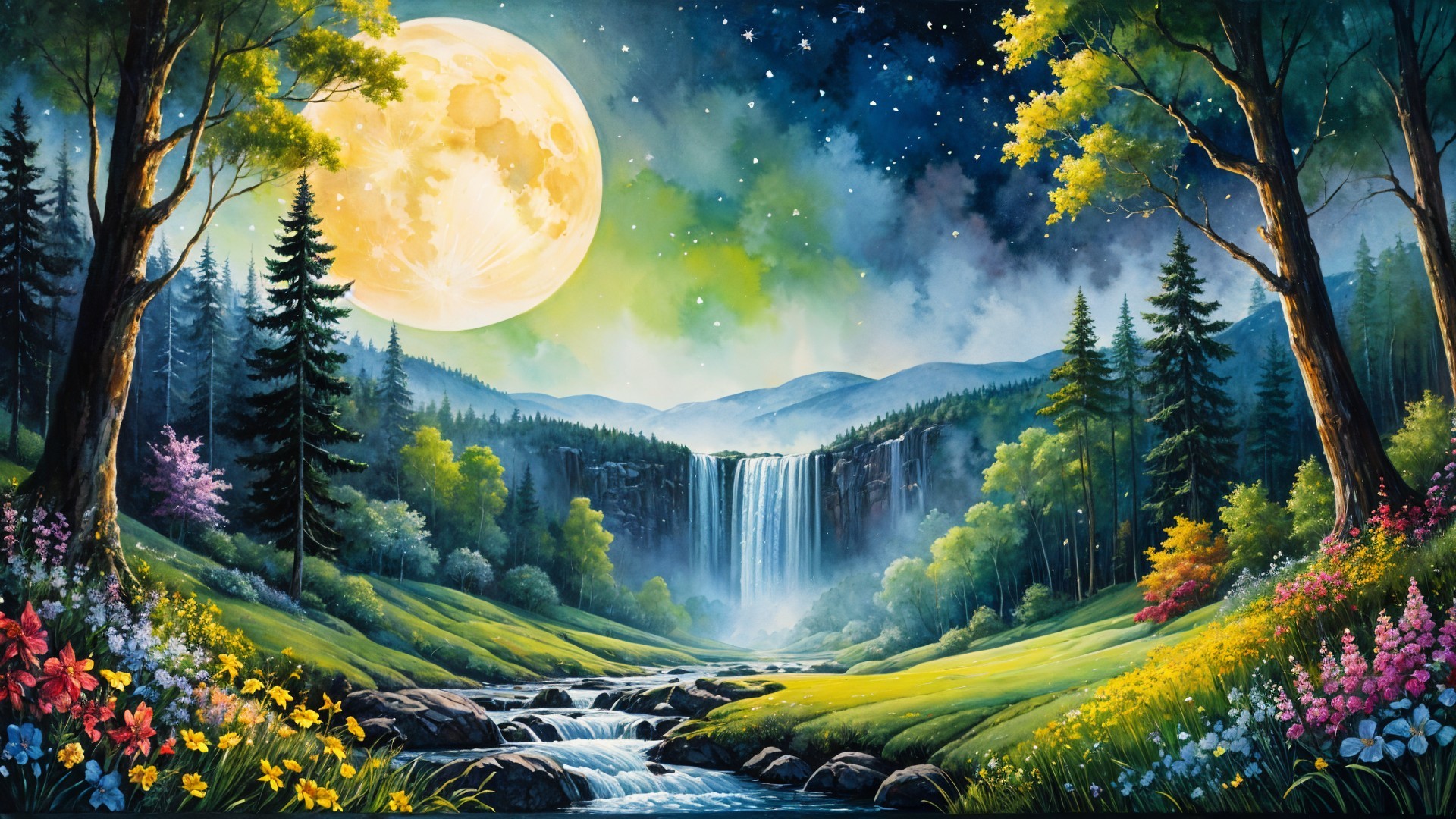 Serene Landscape with Waterfall and Full Moon Glow