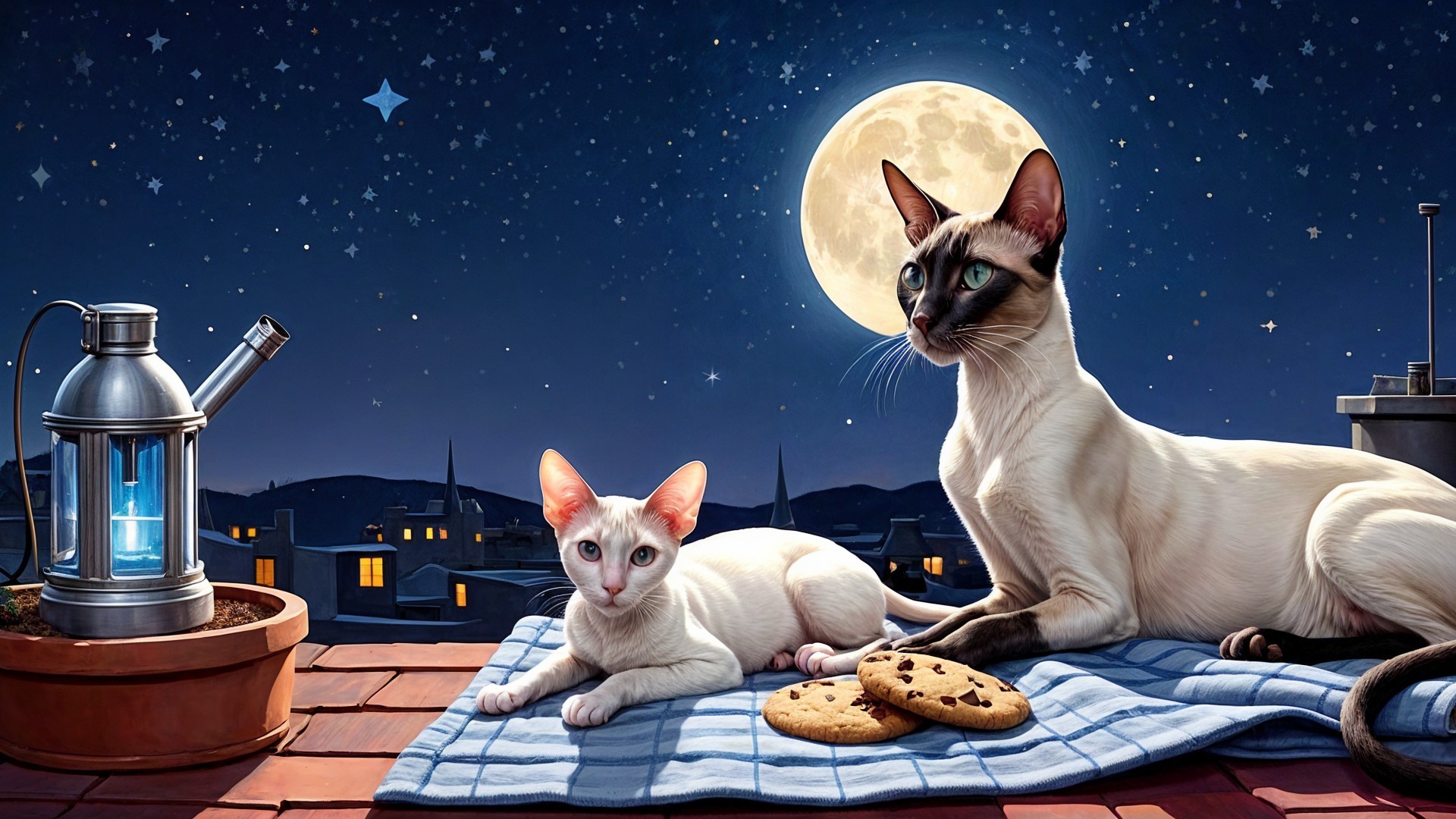 Cats Relaxing on Rooftop Under Starry Night Sky