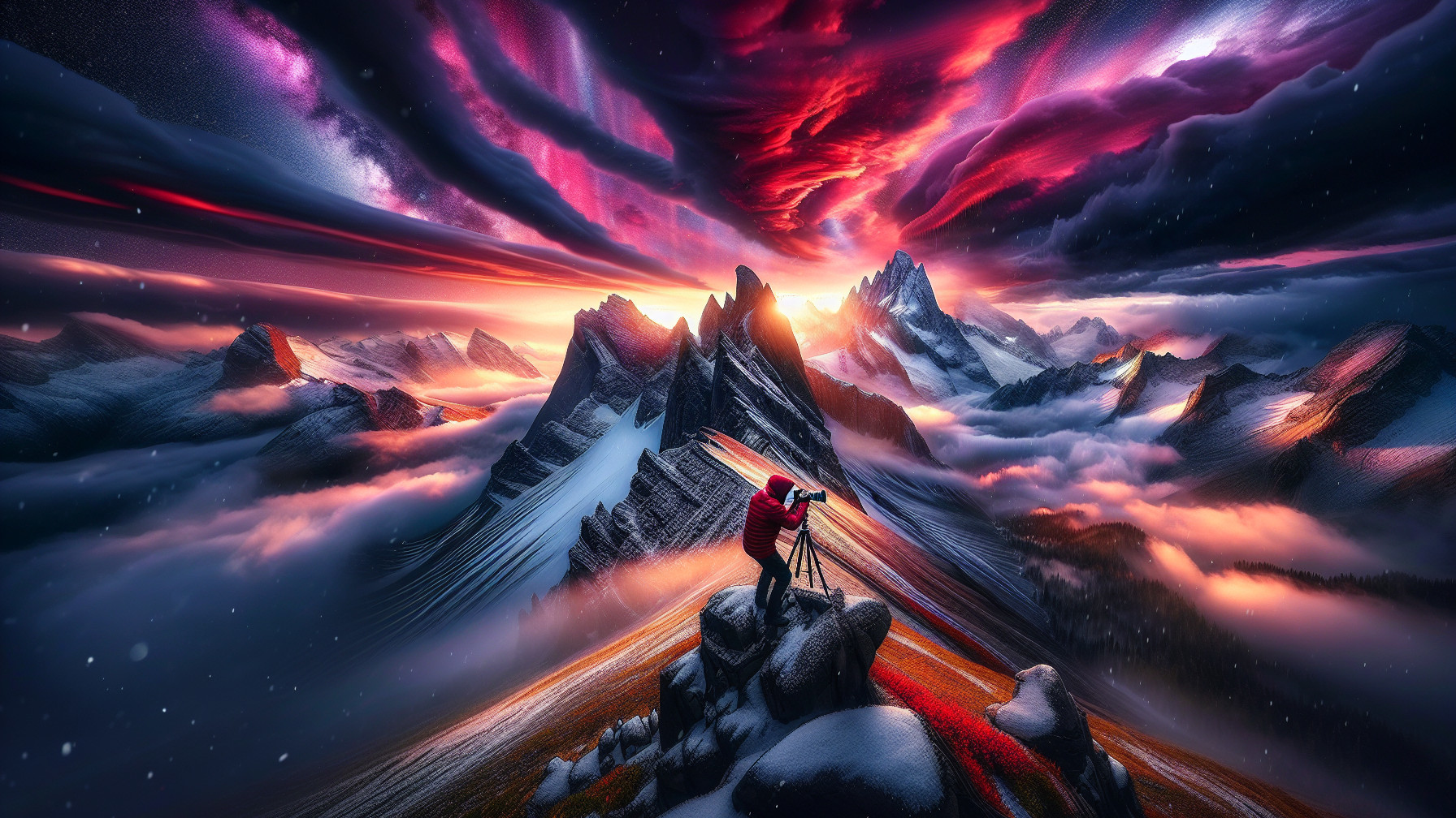 Mountain Range at Dawn with Vibrant Sky and Clouds