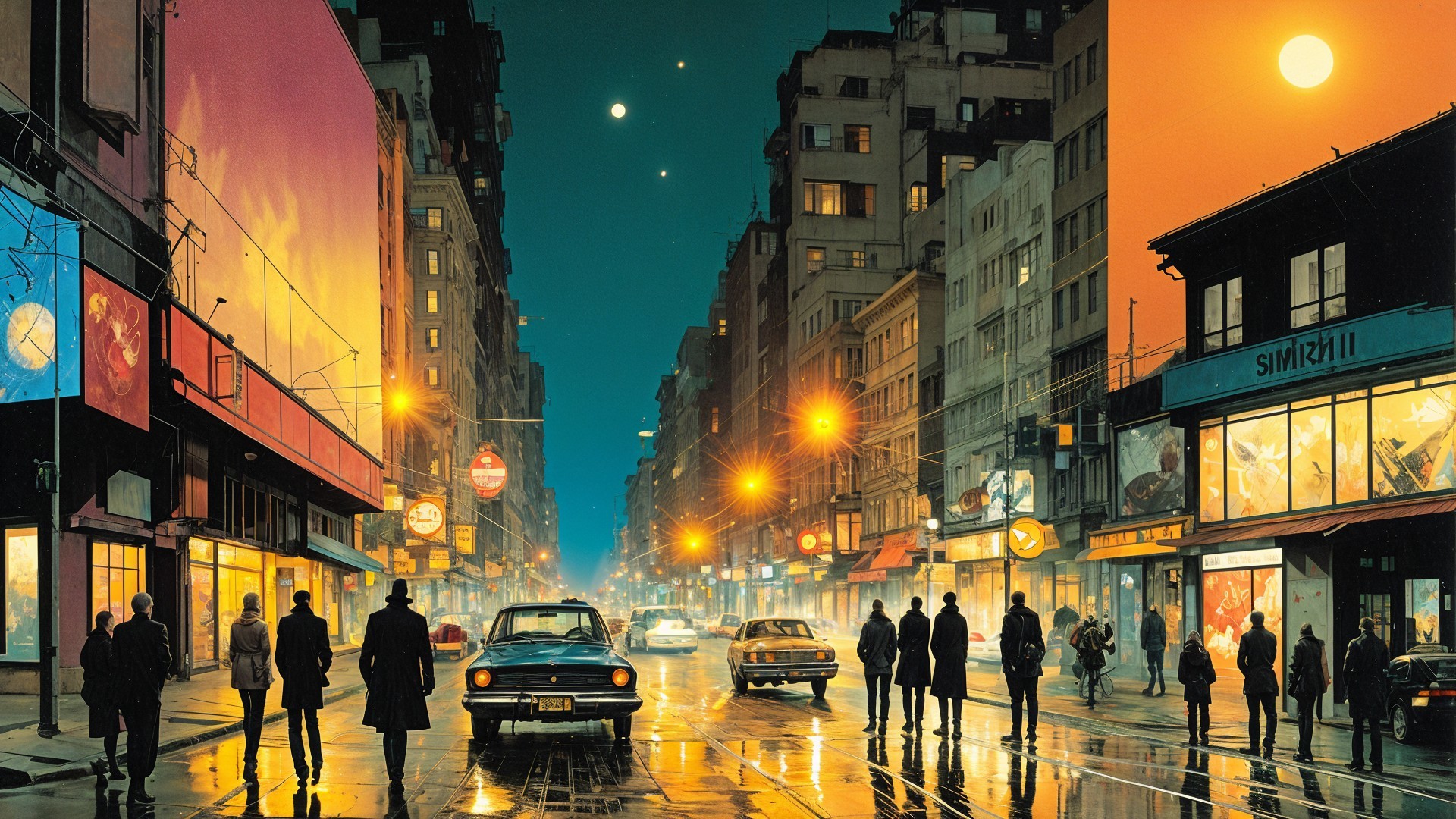 Urban Street Scene at Dusk with Neon Lights