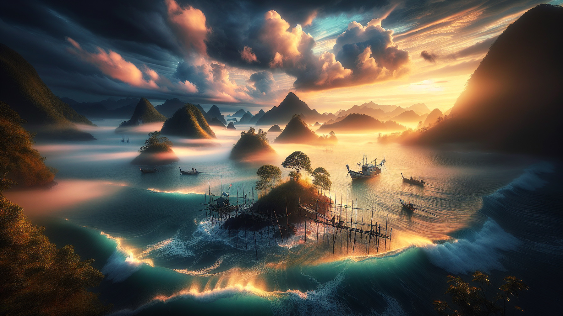 Seascape at Sunset with Islands and Fishermen's Boats