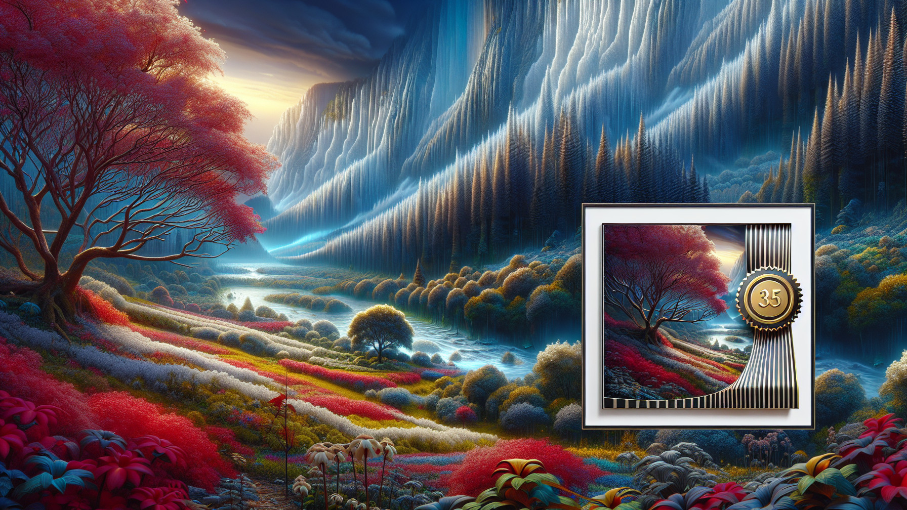 Vibrant Foliage and Serene River Landscape Scene