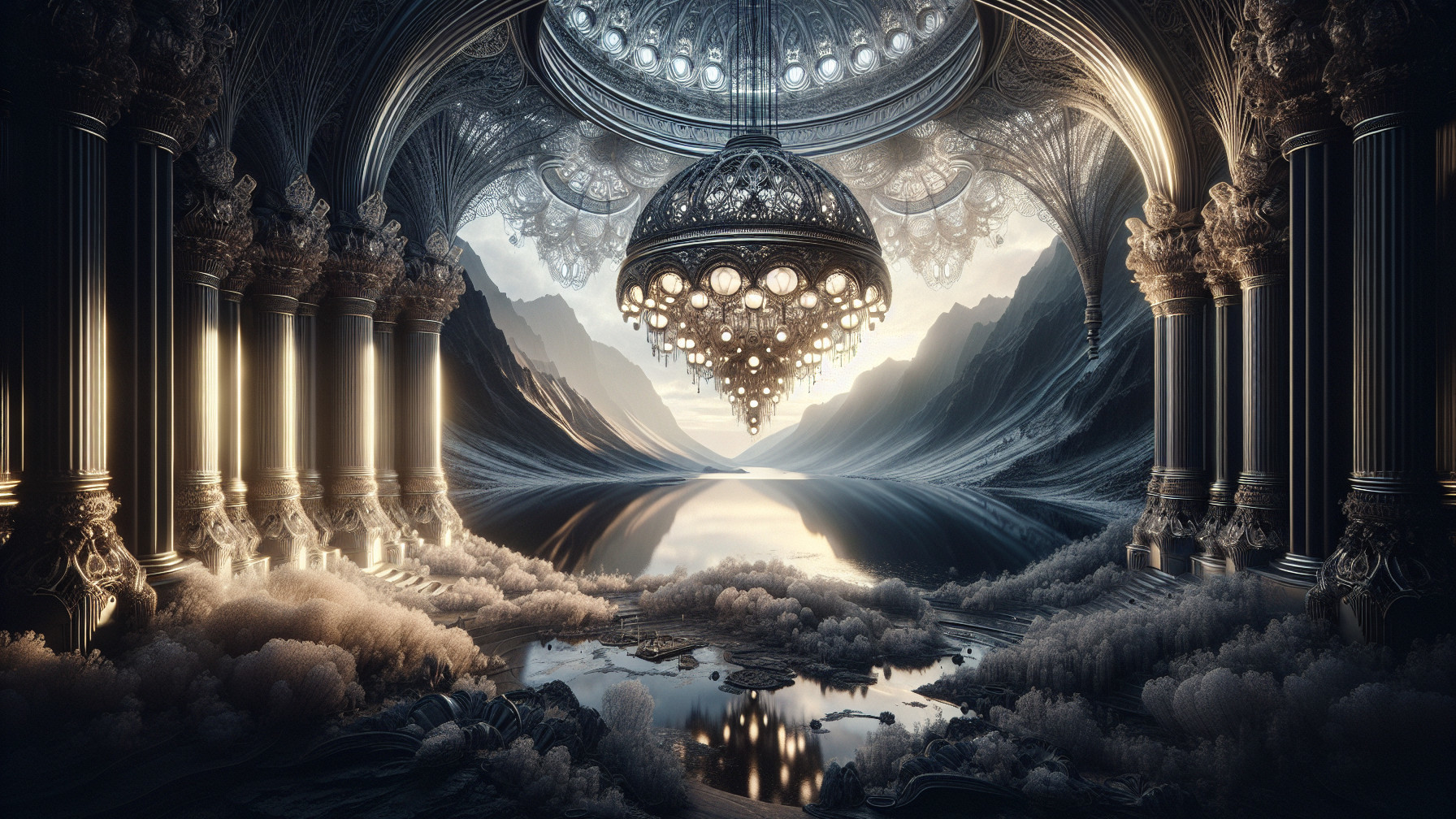 Ethereal Landscape with Majestic Columns and Water