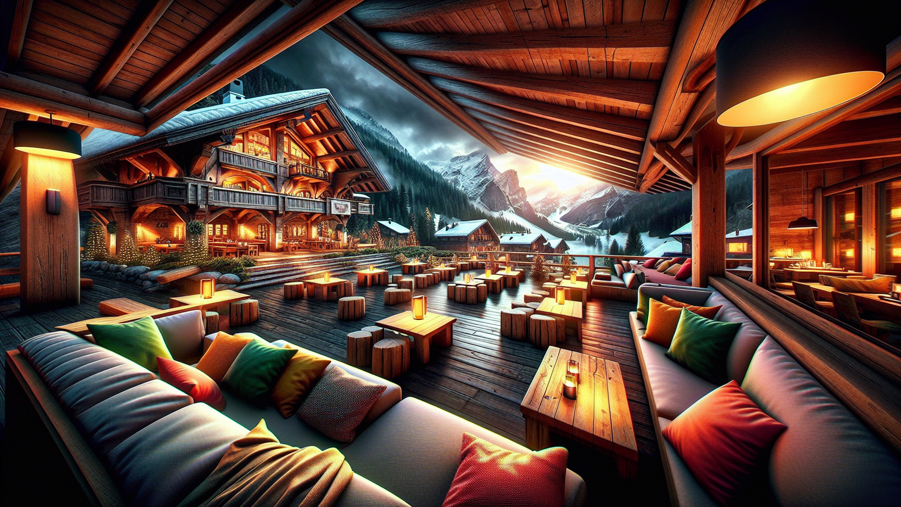 Cozy Outdoor Lounge Area at Ski Resort Lodge Dusk