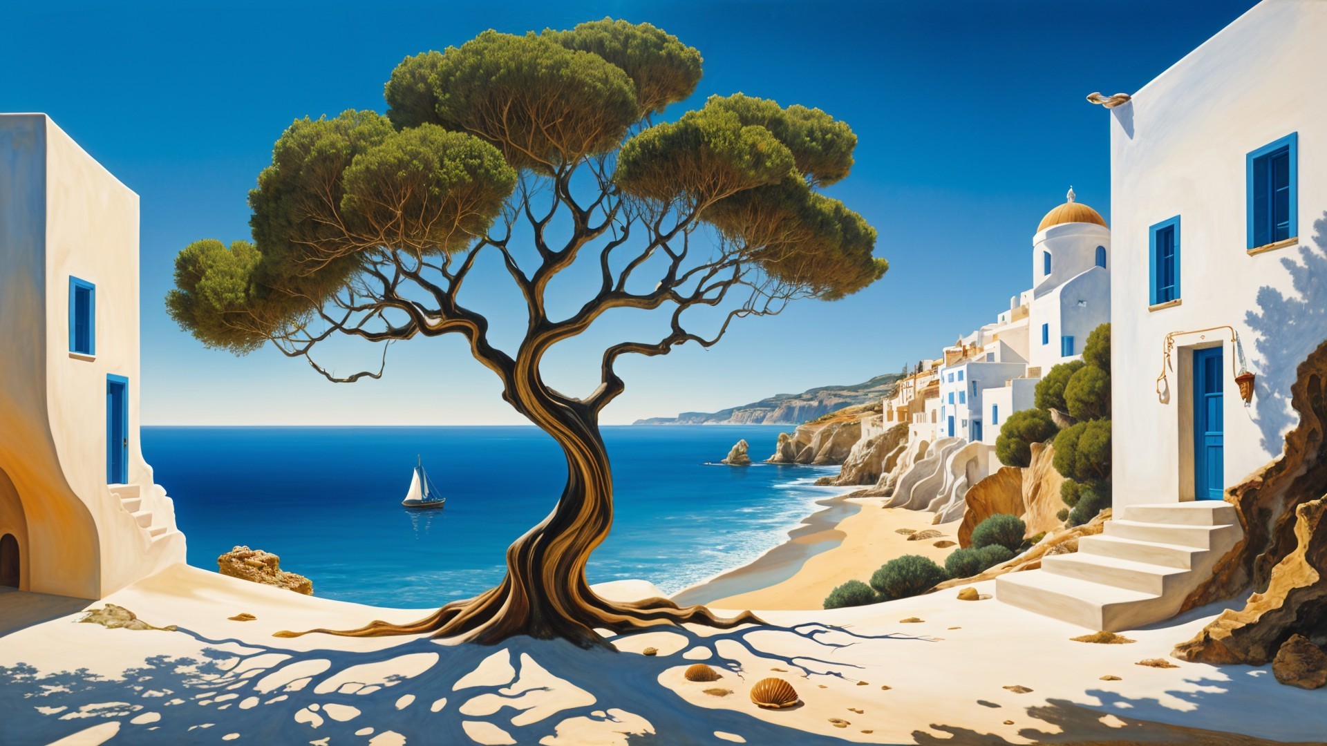 Vibrant Coastal Scene with Twisted Tree and Sailboat