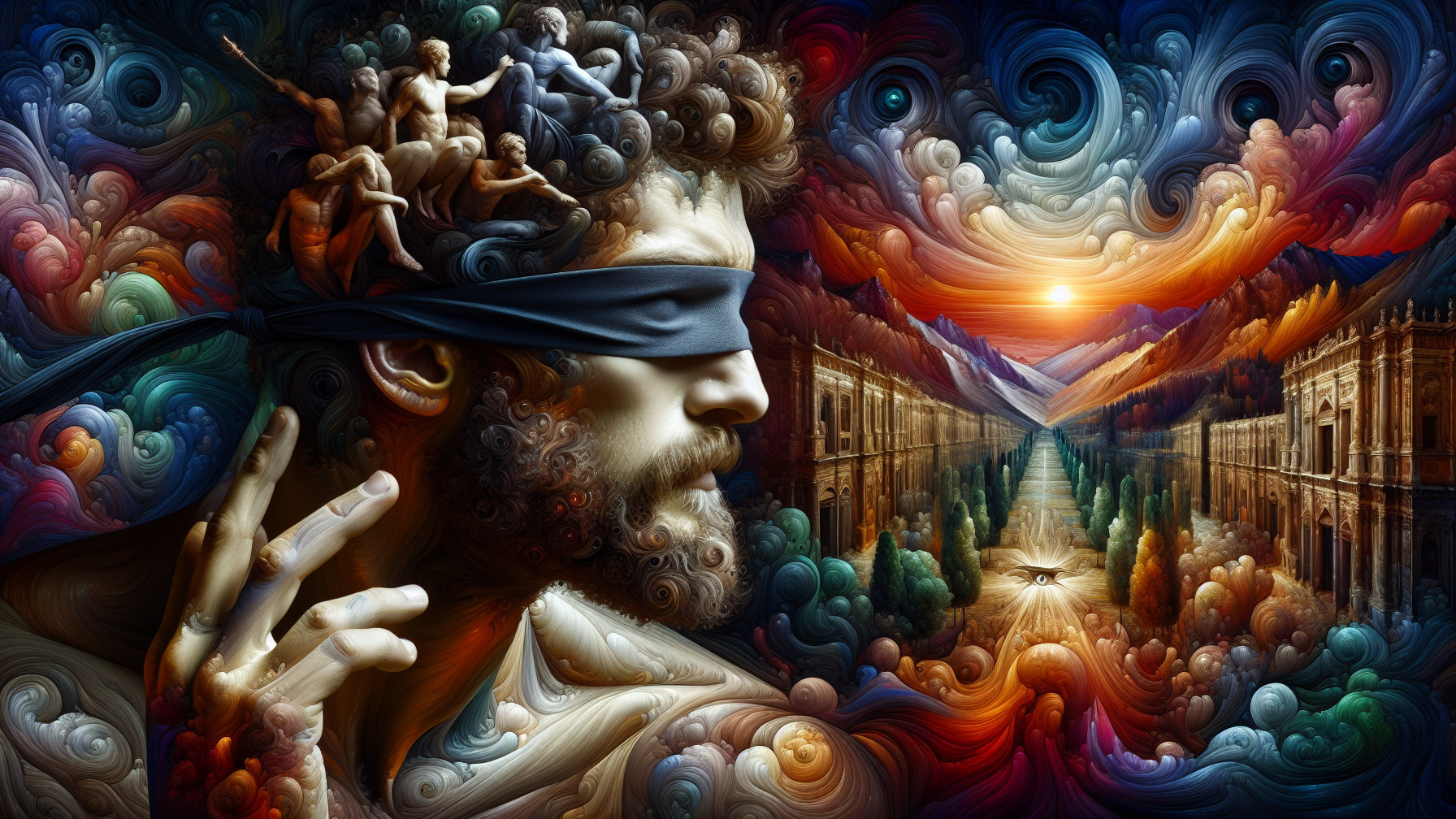 Contemplative Figure with Blindfold in Vibrant Landscape