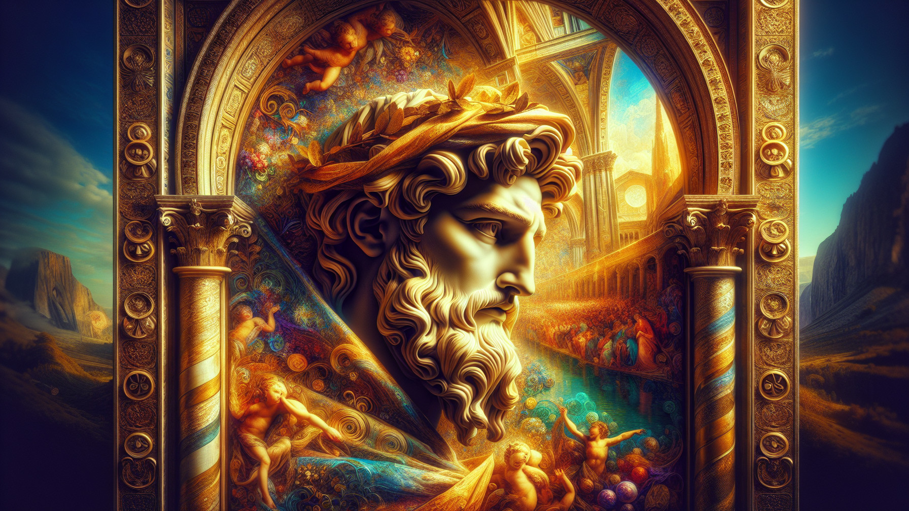 Golden Classical Figure with Laurel Wreath and Landscape