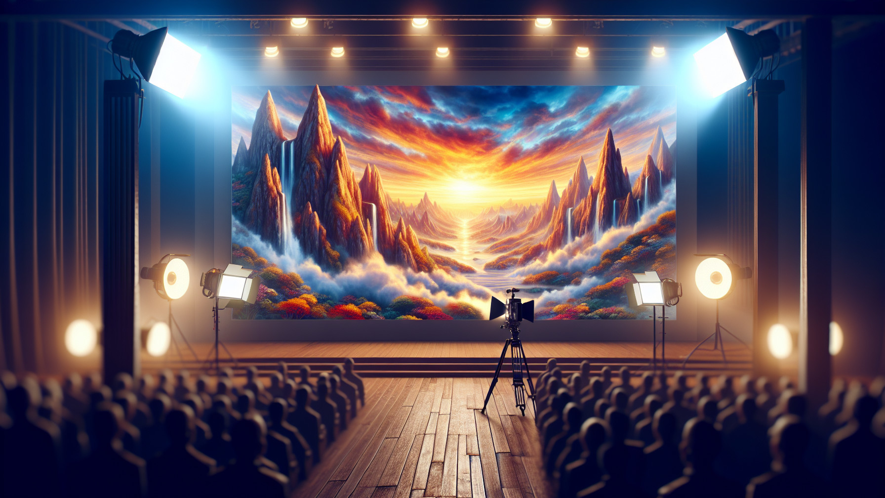 Theater Stage with Mural of Mountains and Sunset