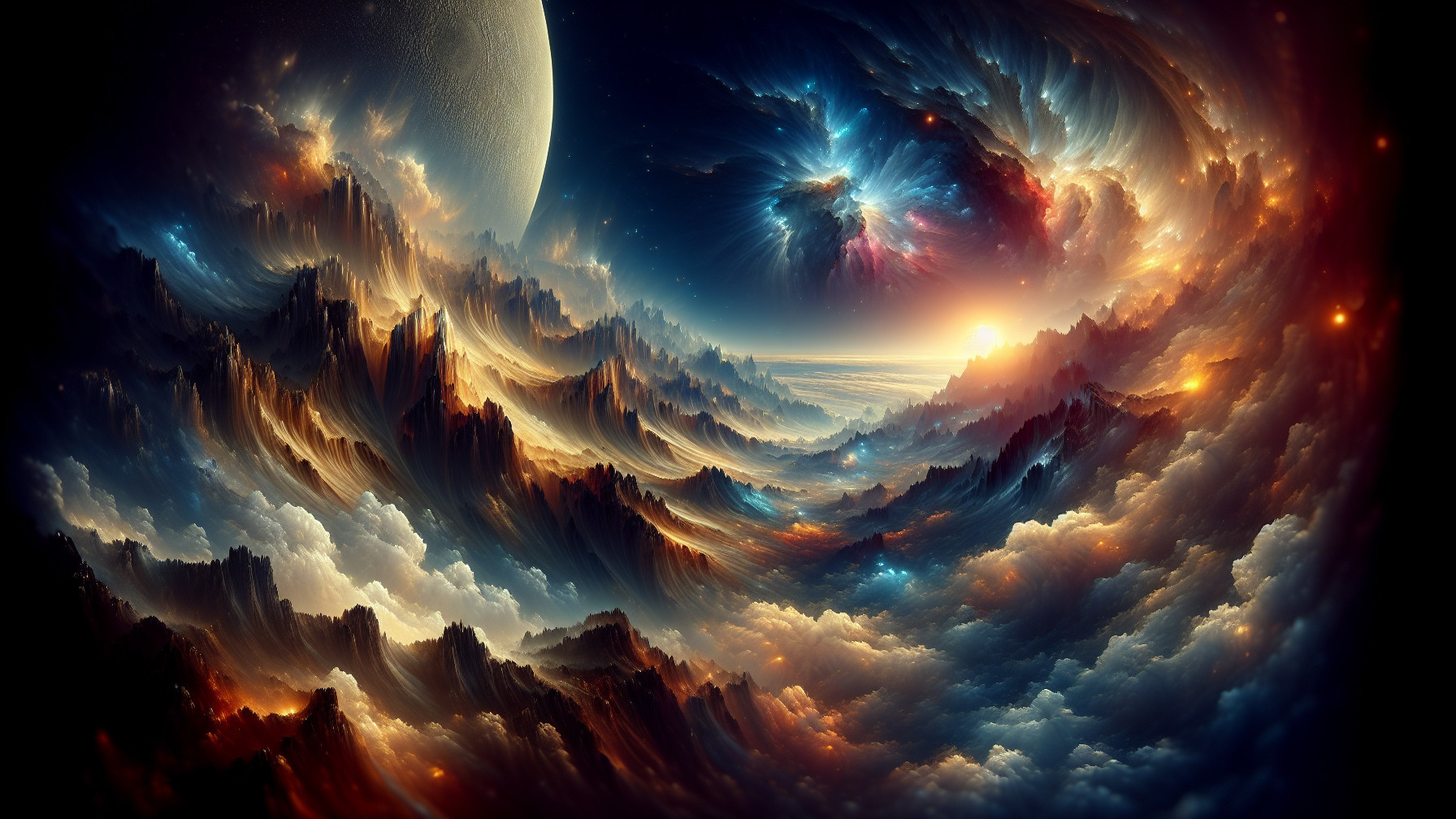 Vibrant Cosmic Scene with Mountains and Distant Sun