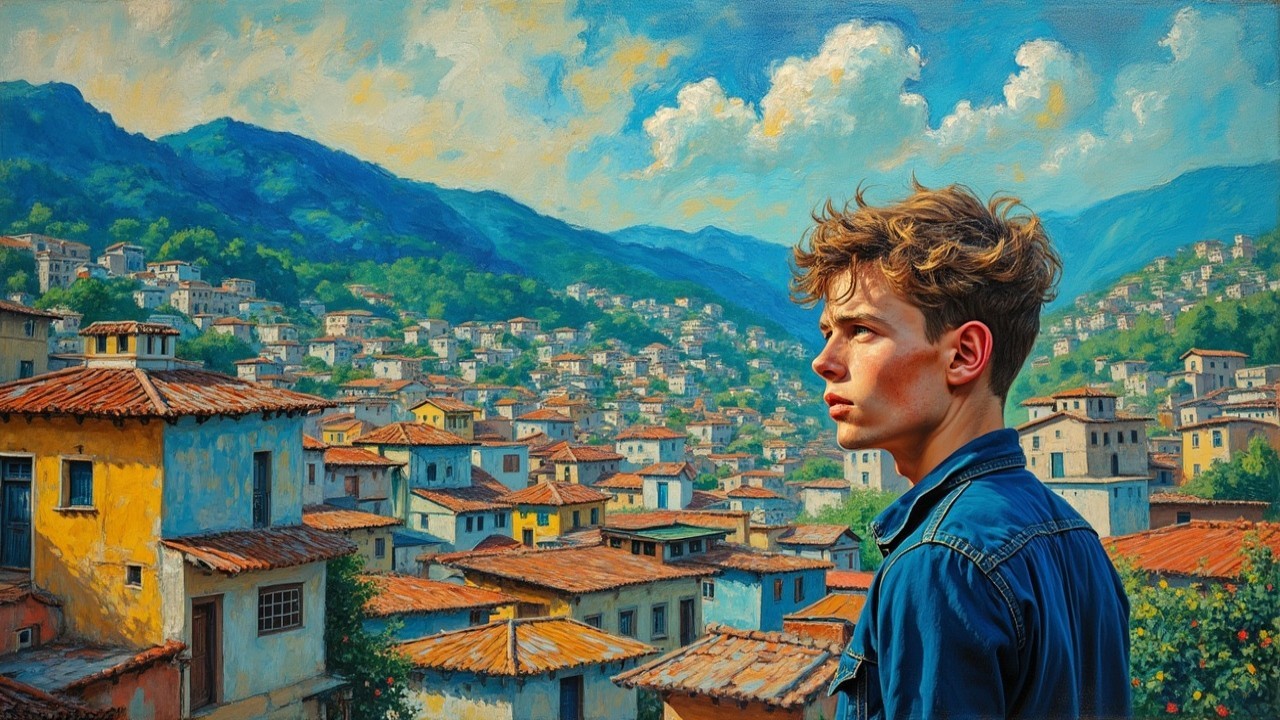 Young man in colorful hillside town scenery
