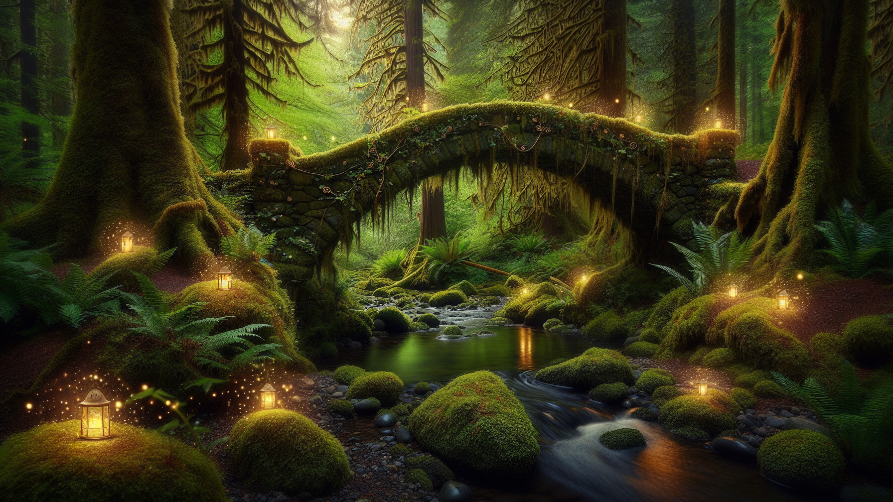 Serene forest scene with mossy bridge and stream