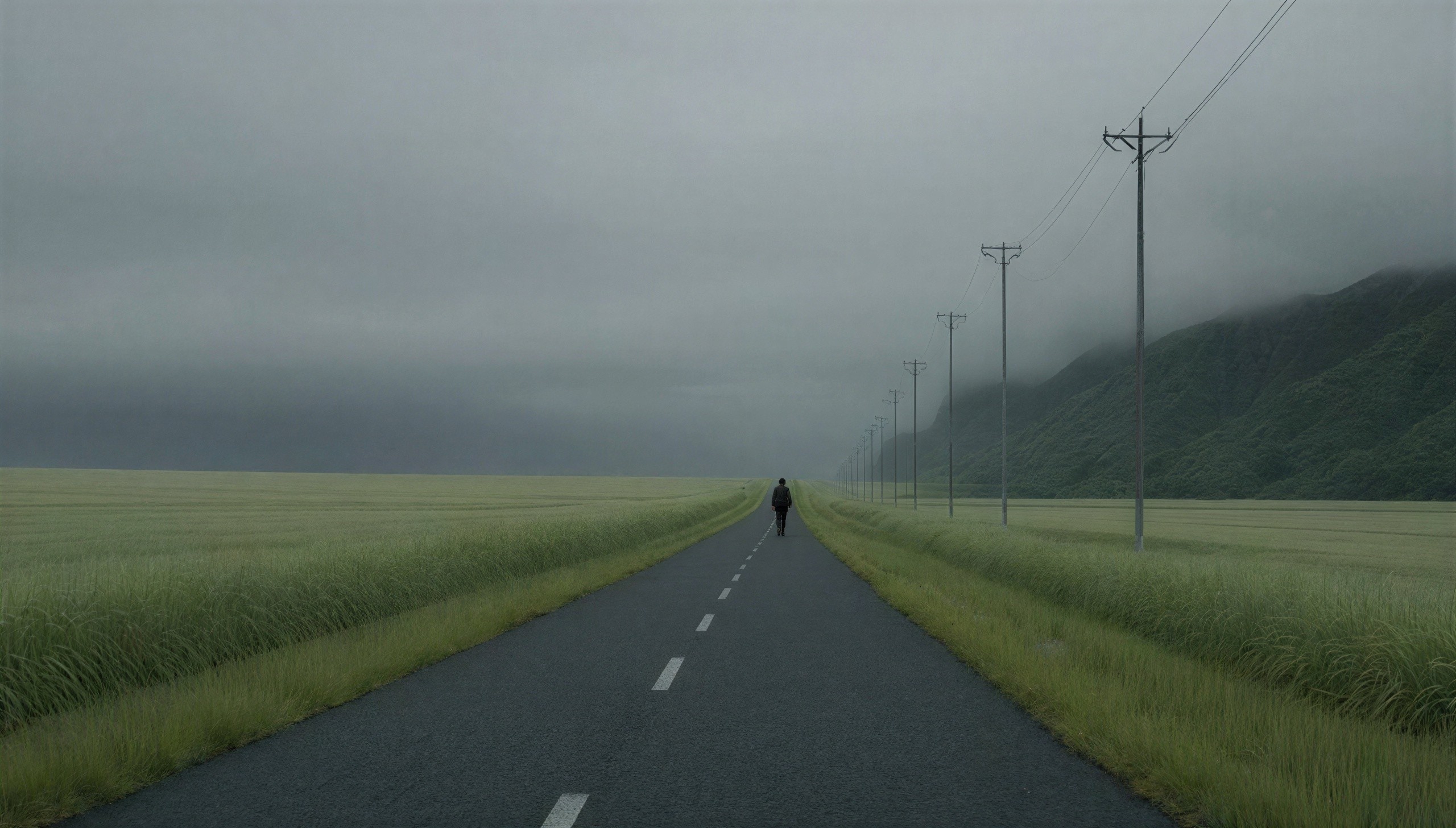 Road with a man walking beside green fields and mountains