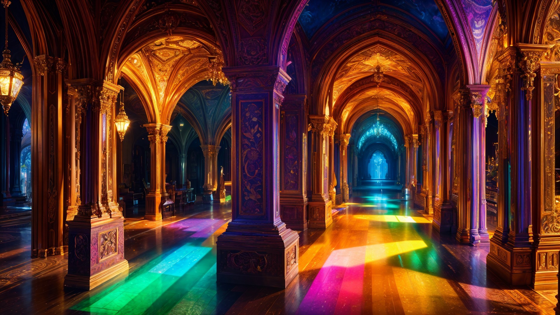 Grand Hallway with Ornate Arches and Soft Lighting