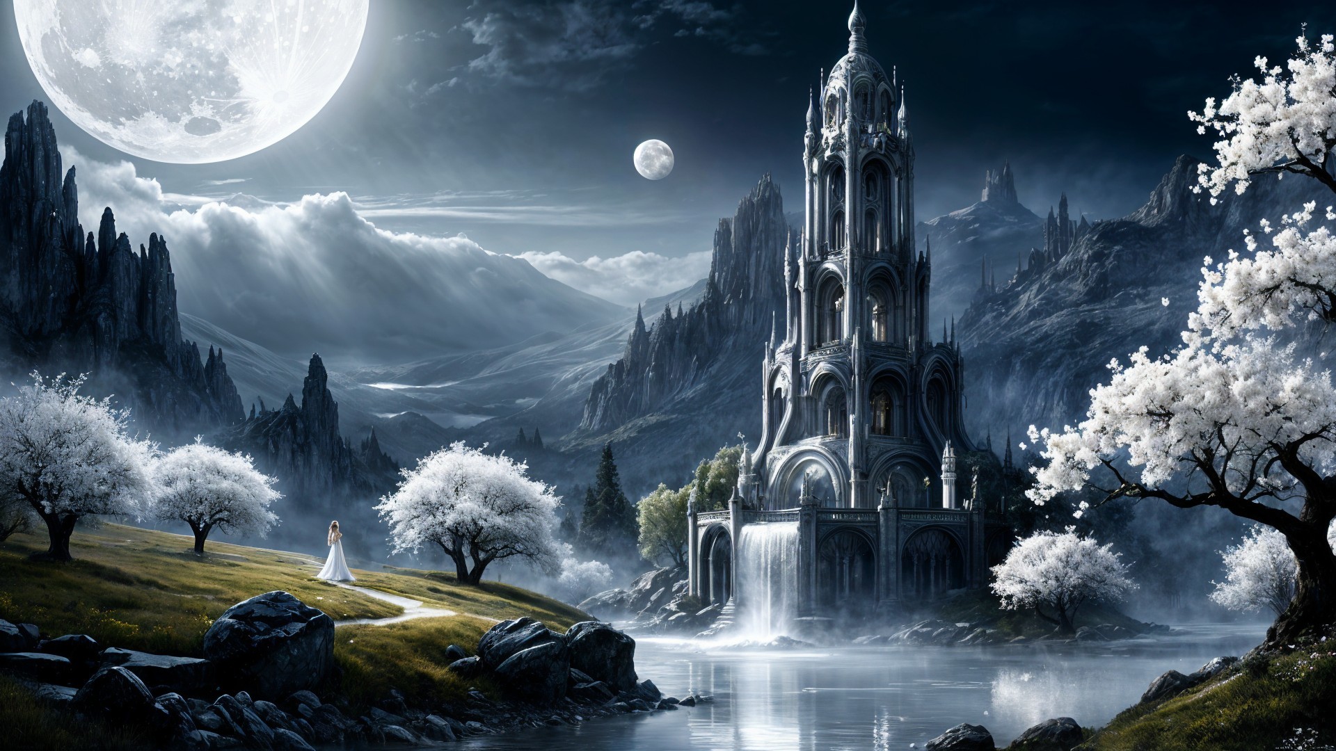 Mystical Landscape with Tower and Cherry Blossoms