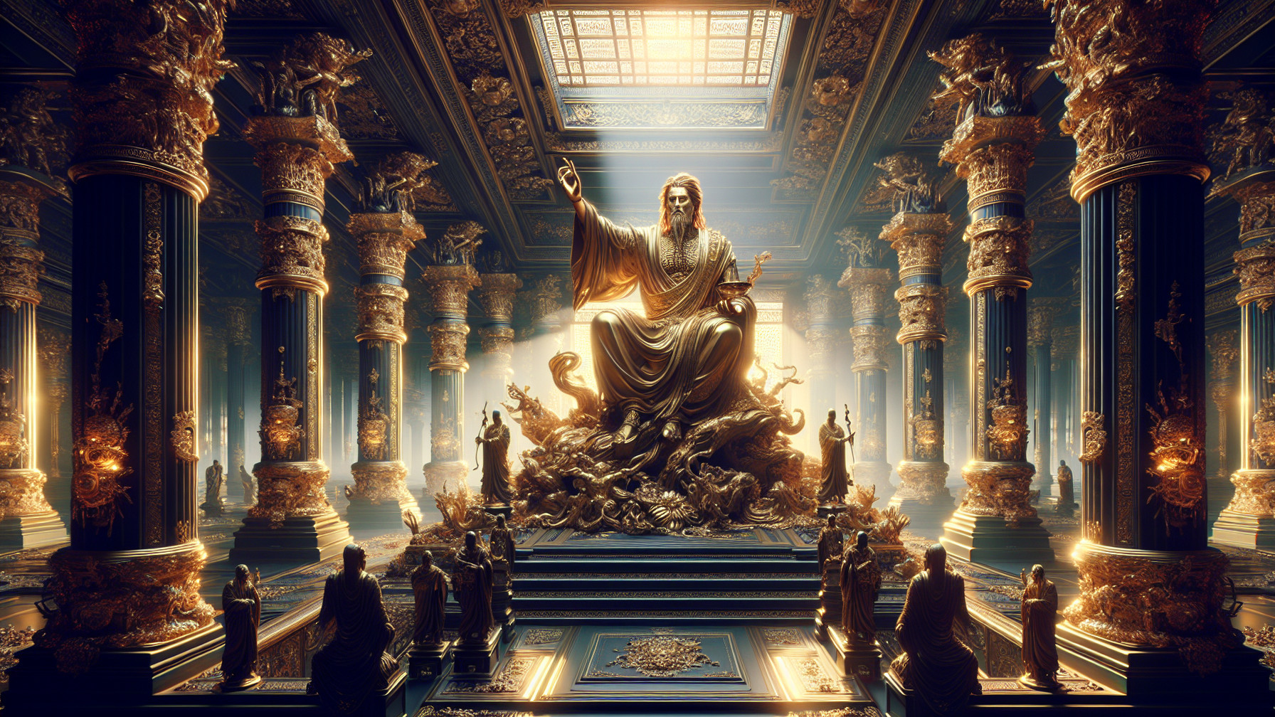 Celestial Hall with Majestic Statue and Stained Glass