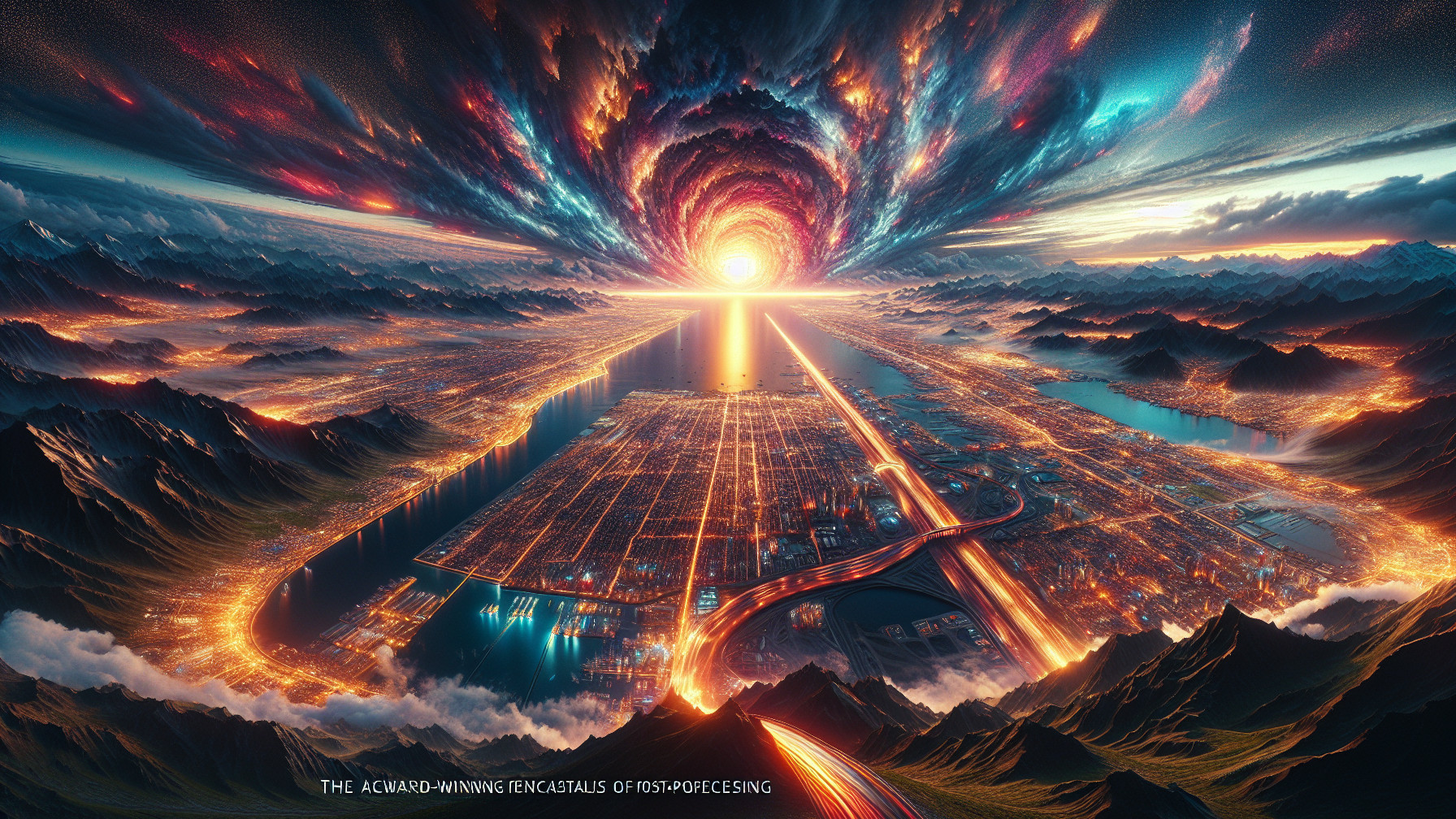 Futuristic Cityscape Under Cosmic Sky and Mountains