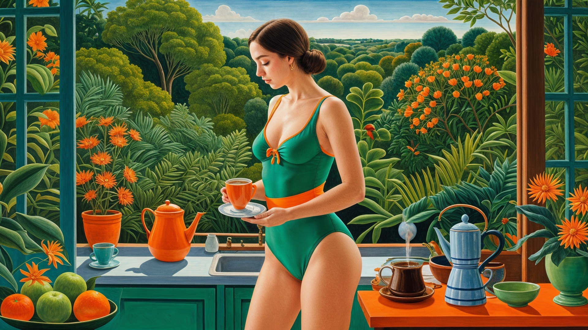Woman in Green Swimsuit in Serene Kitchen Setting