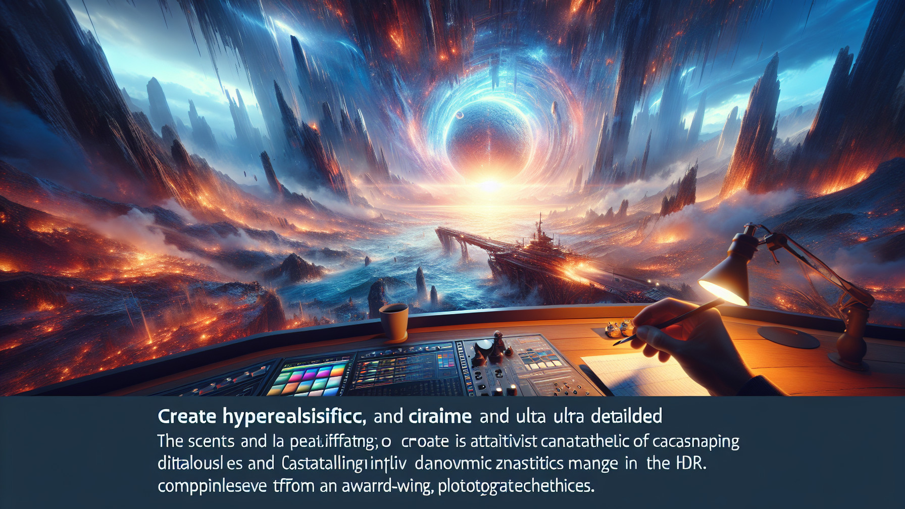 Surreal Cosmic Landscape with Futuristic Control Panel