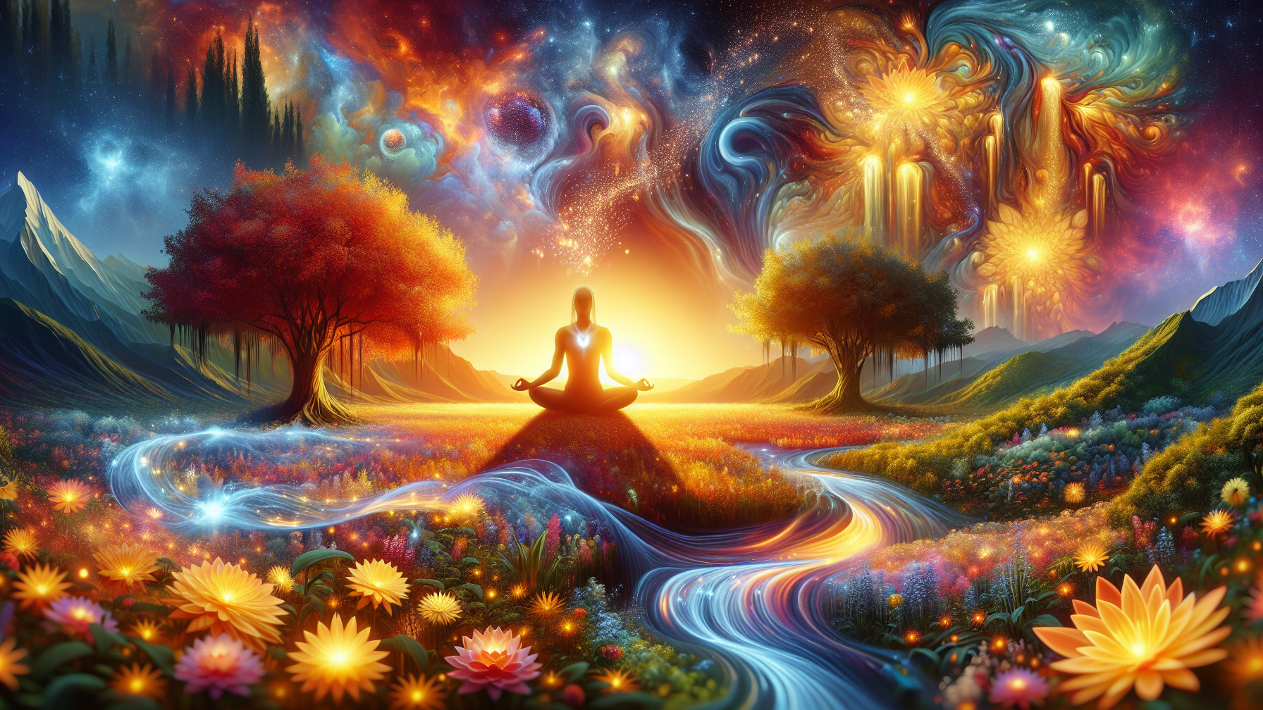 Meditative Figure on Vibrant Hillside with Nature