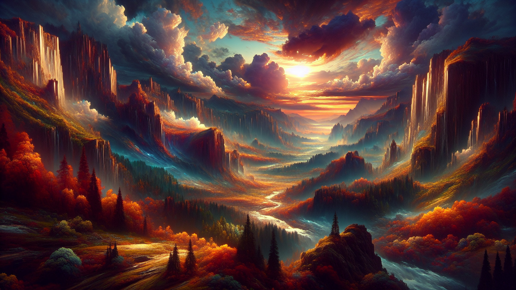 Dramatic Sunset Over Mountains and Waterfalls