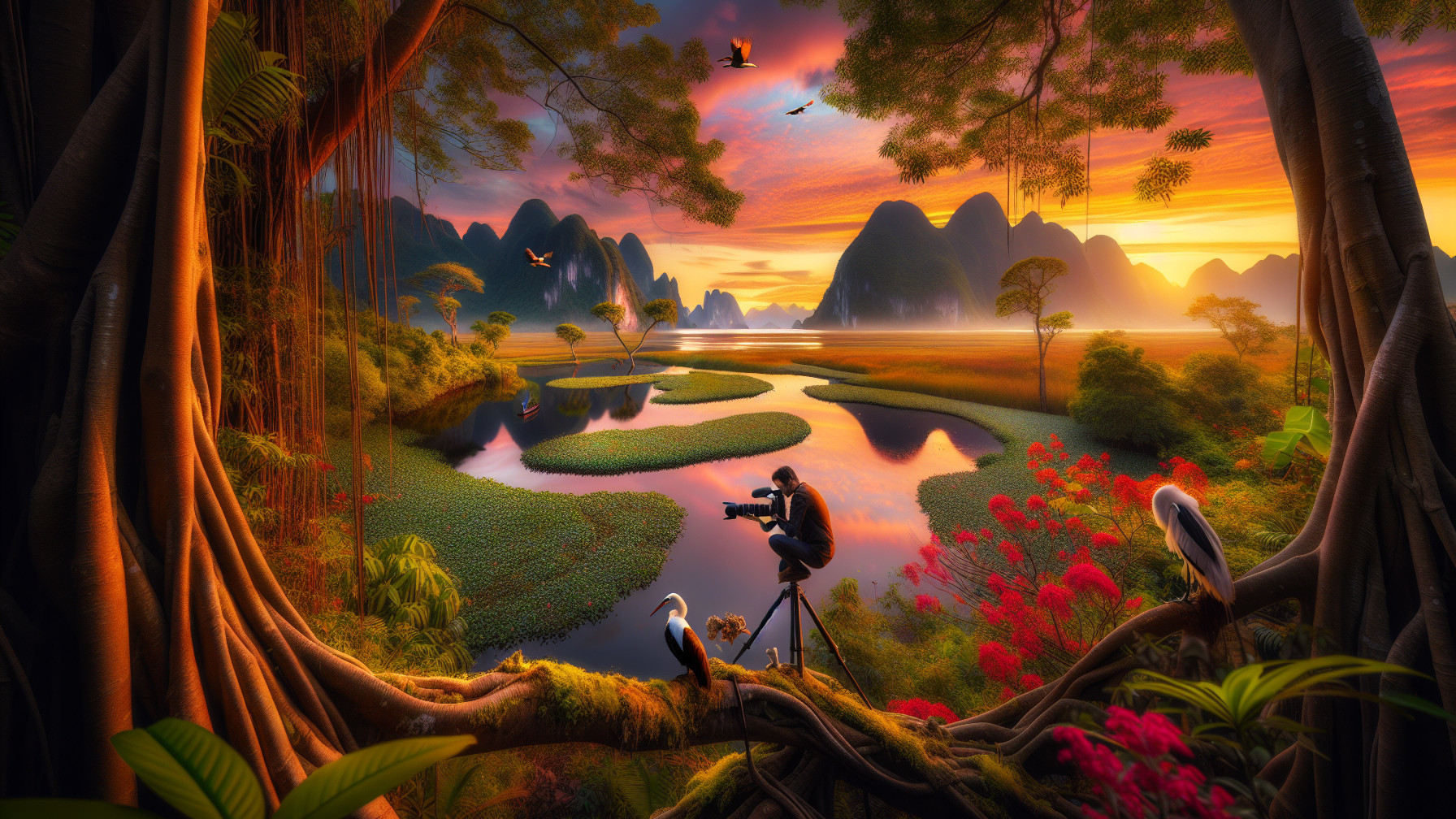 Cinematic Jungle Landscape at Sunset with River and Birds