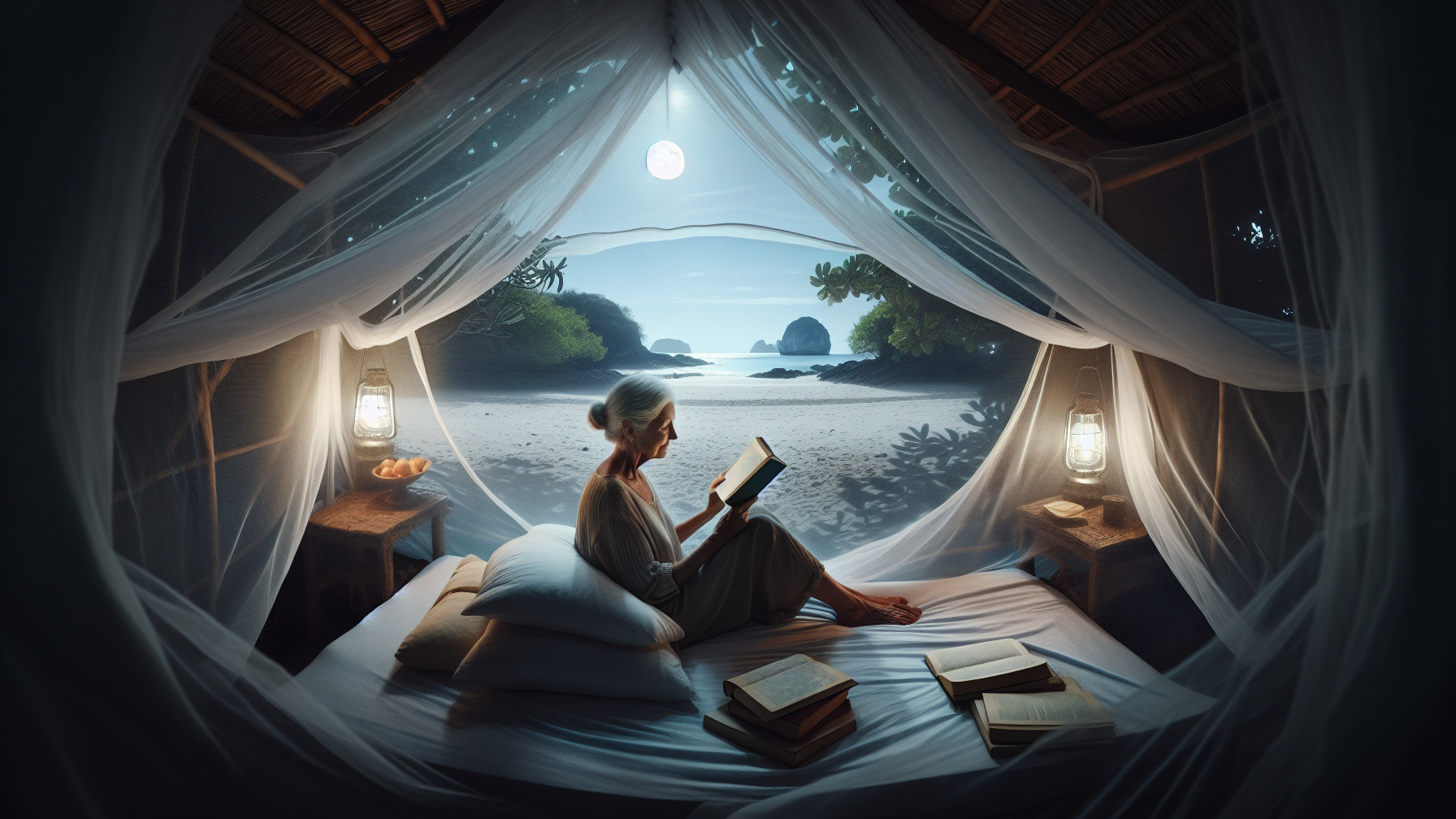 Elderly Woman Reading in Beachside Hut at Night