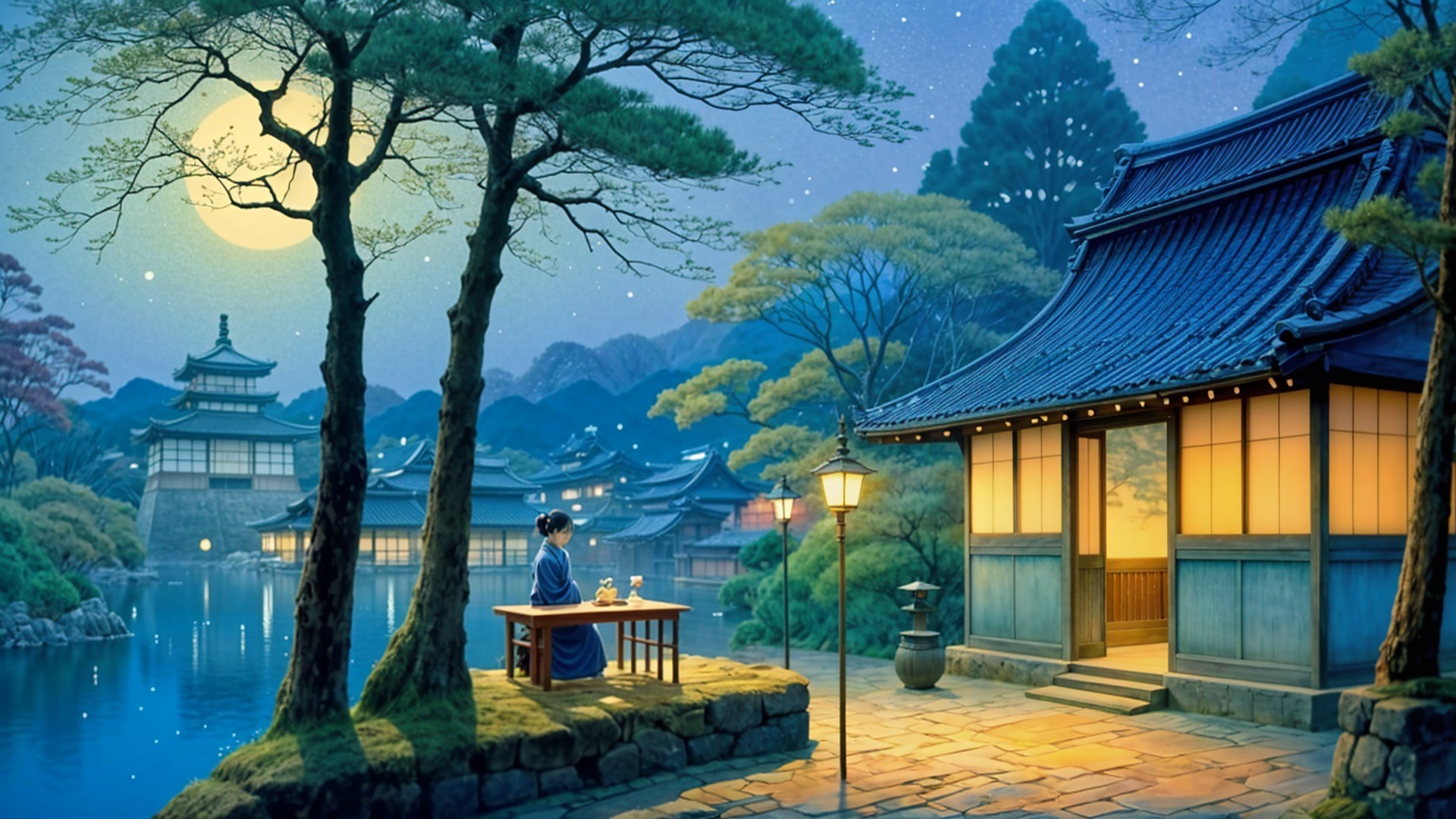 Serene Night Scene by Tranquil Waterway with Lanterns