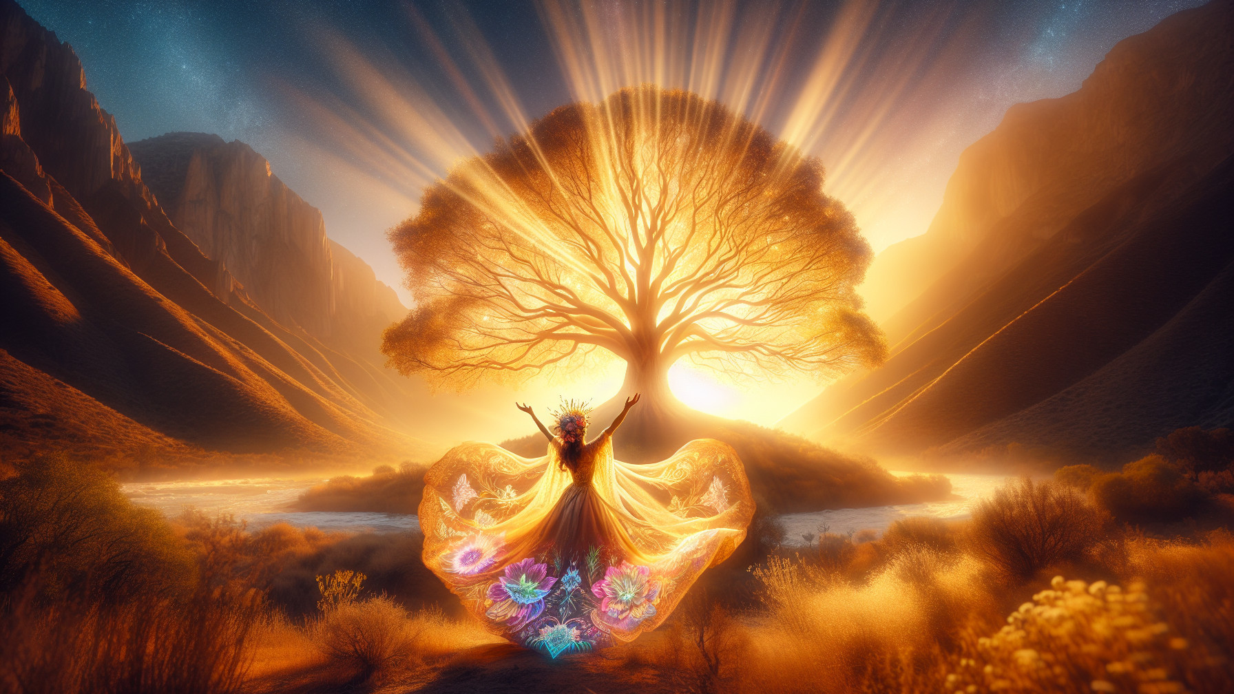 Majestic Tree and Figure in Golden Landscape Scene
