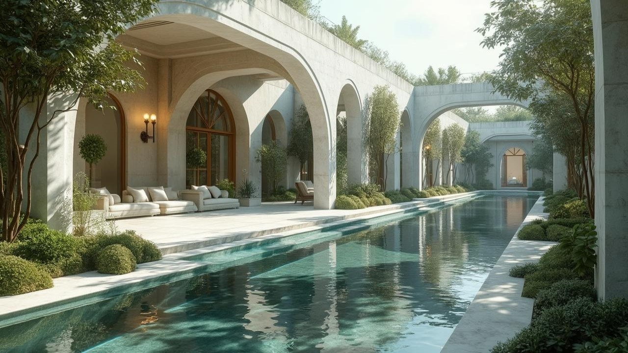 Serene Courtyard with Arches and Lush Greenery