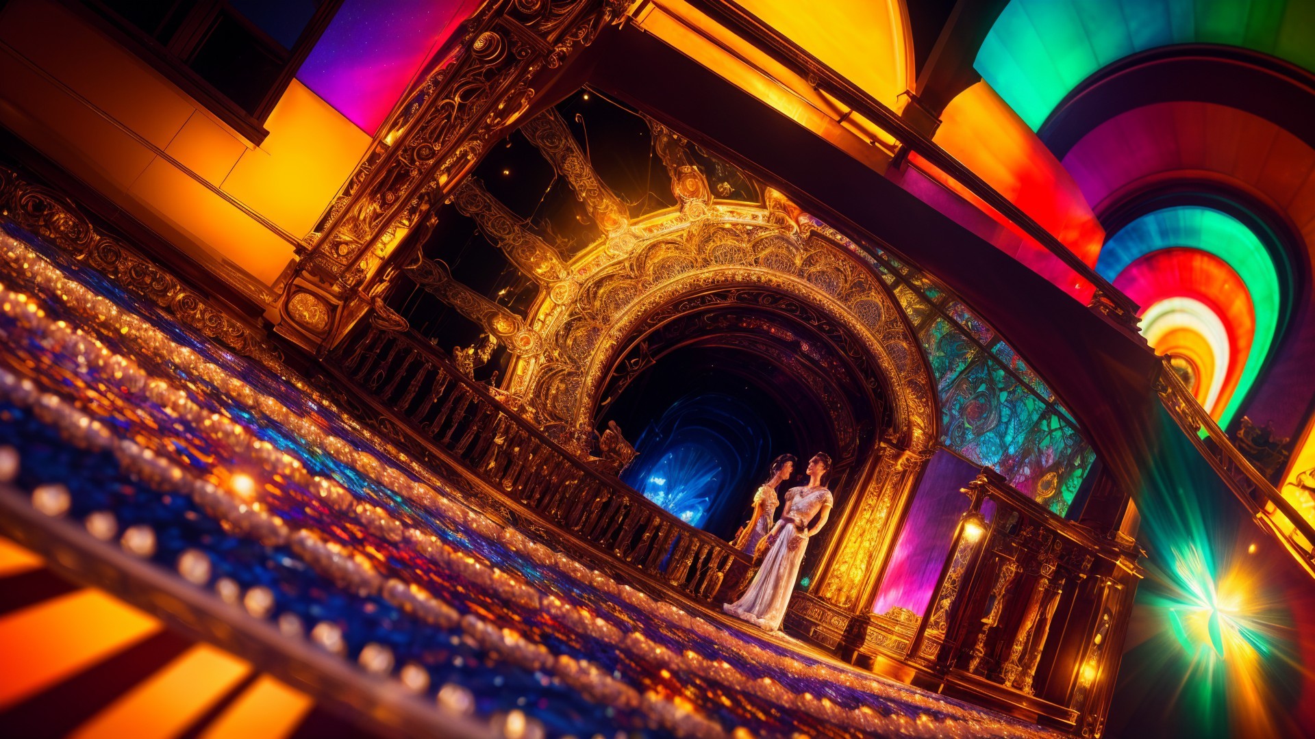 Vibrant Corridor with Colorful Lights and Gold Designs