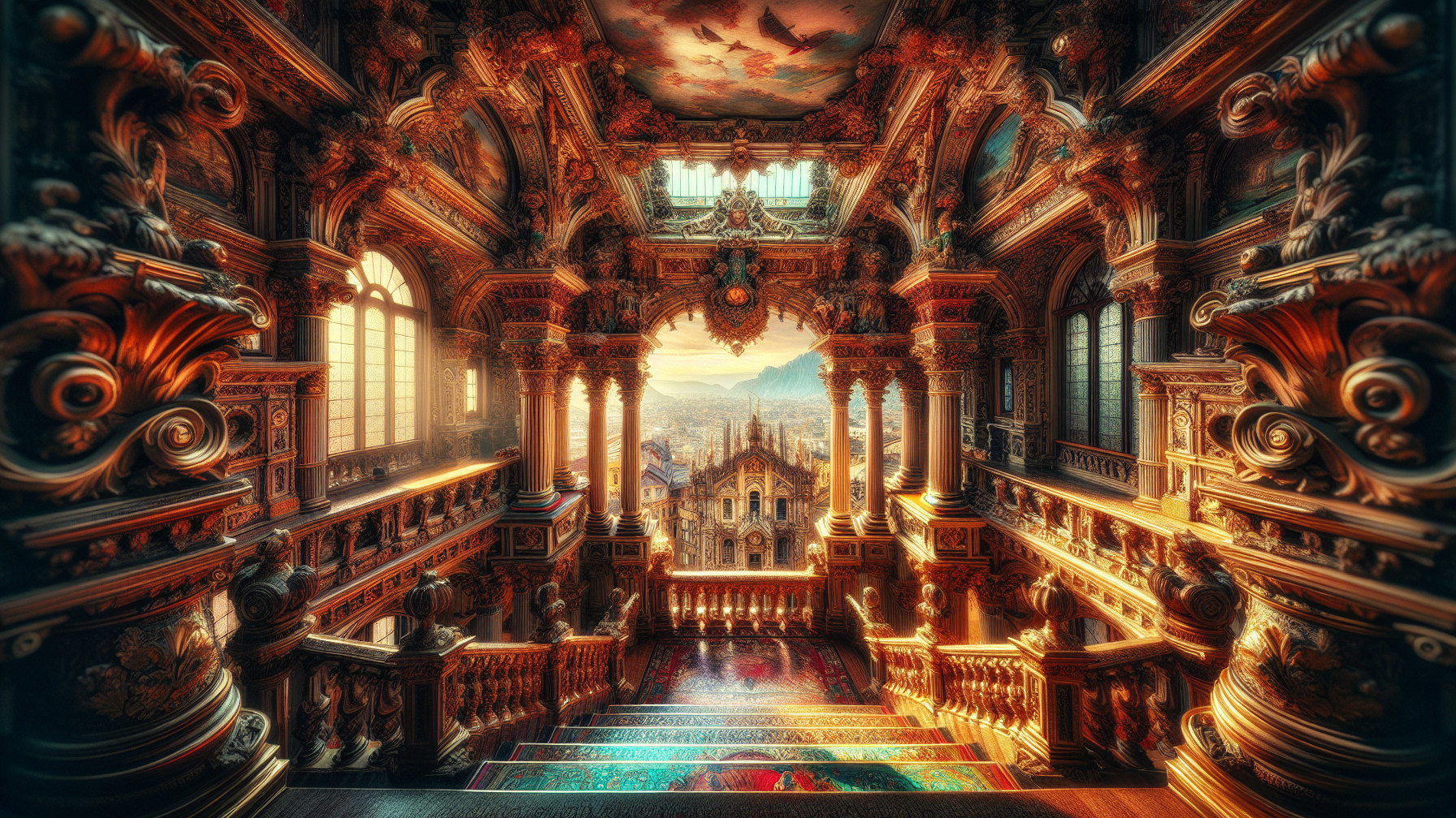 Opulent staircase with intricate carvings and golden accents