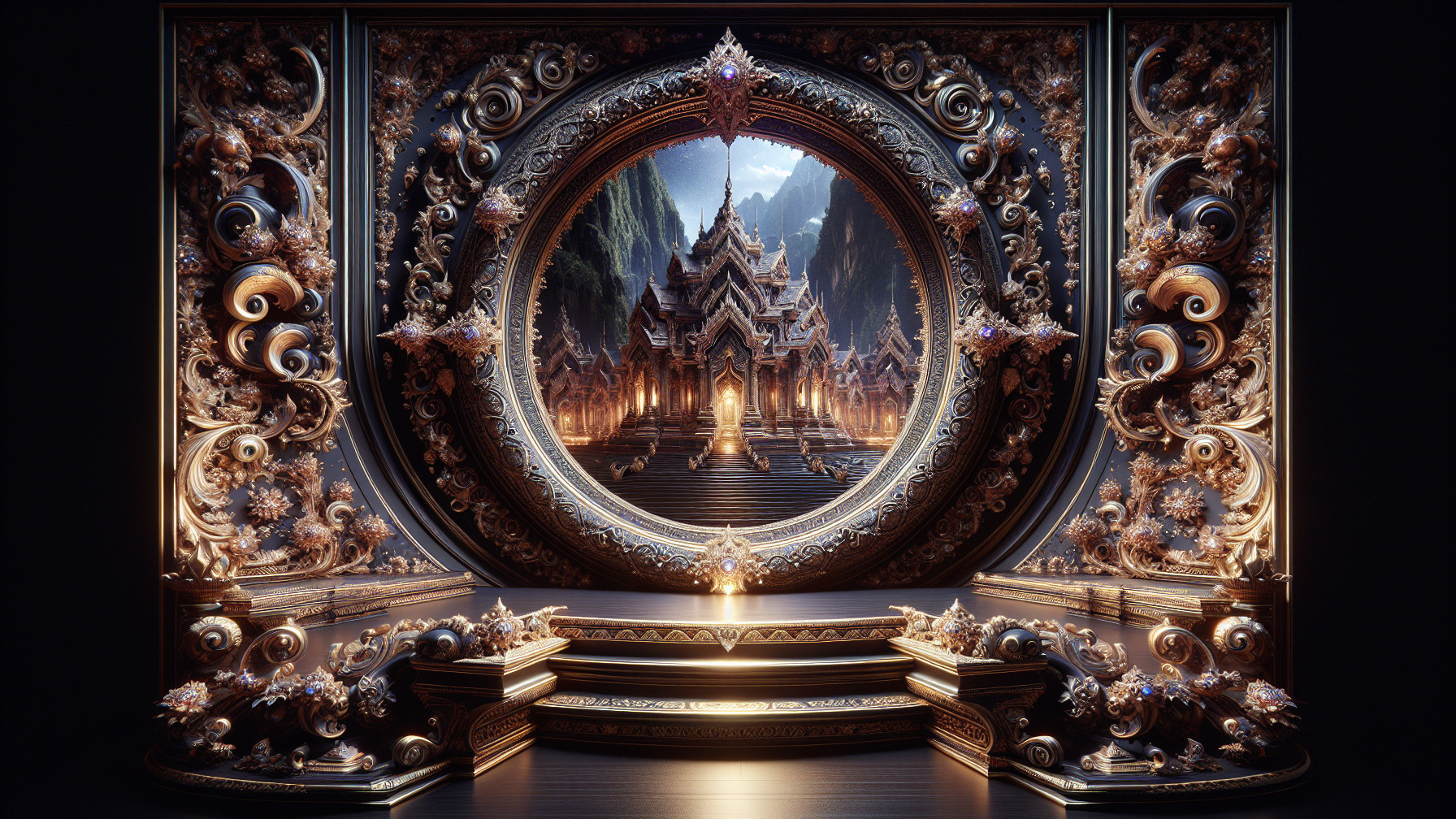 Ornate Baroque Frame Surrounding Mountain Temple Scene