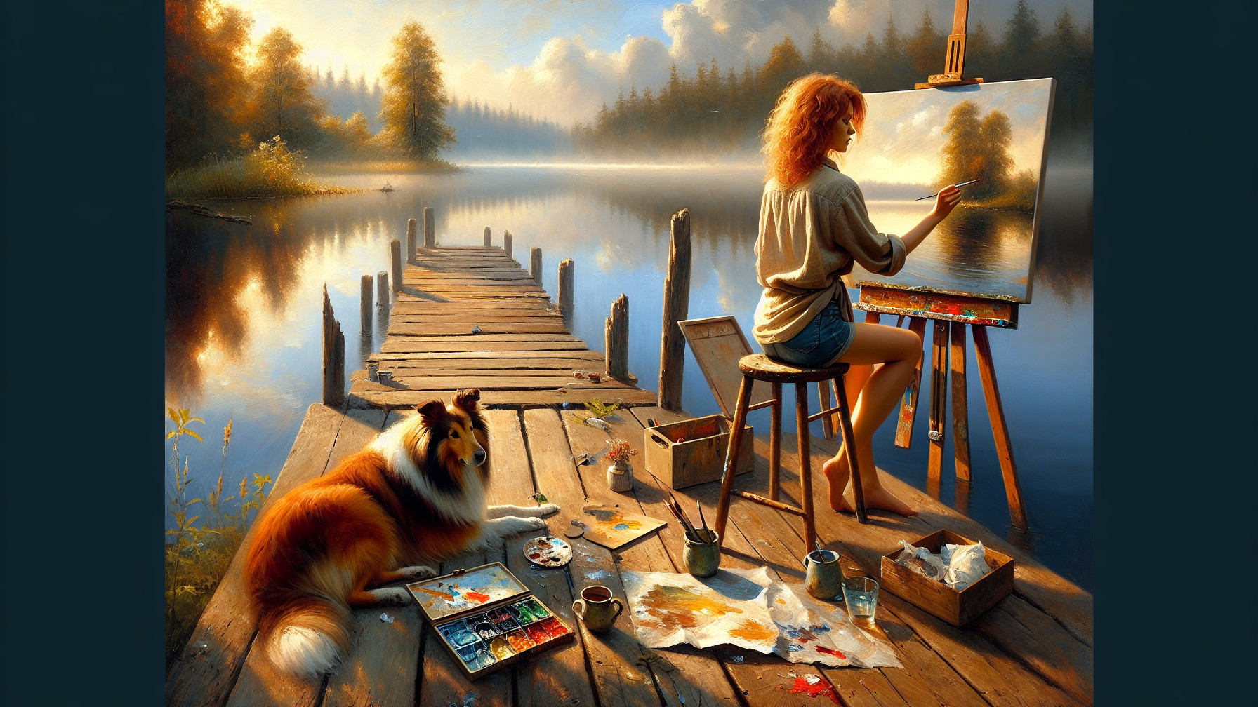 Lakeside Painting Scene with Woman and Collie