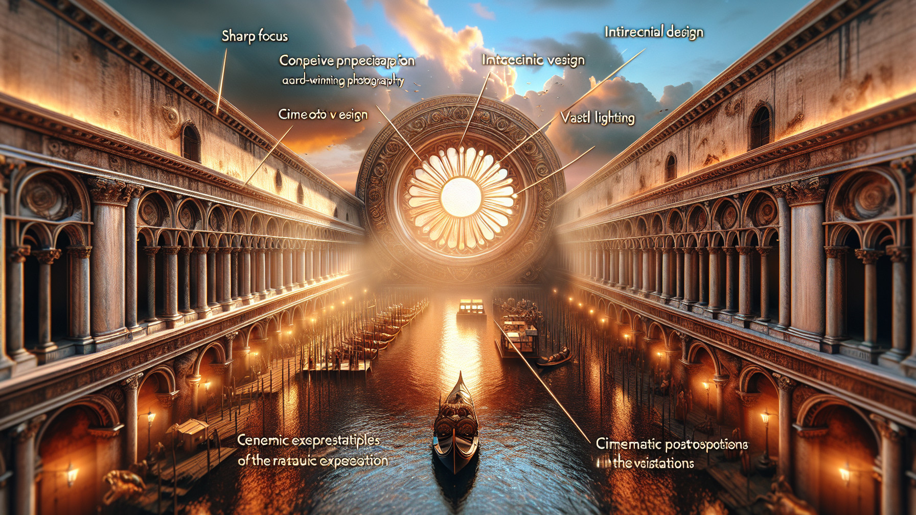 Fantastical Canal Scene with Arched Buildings and Boats