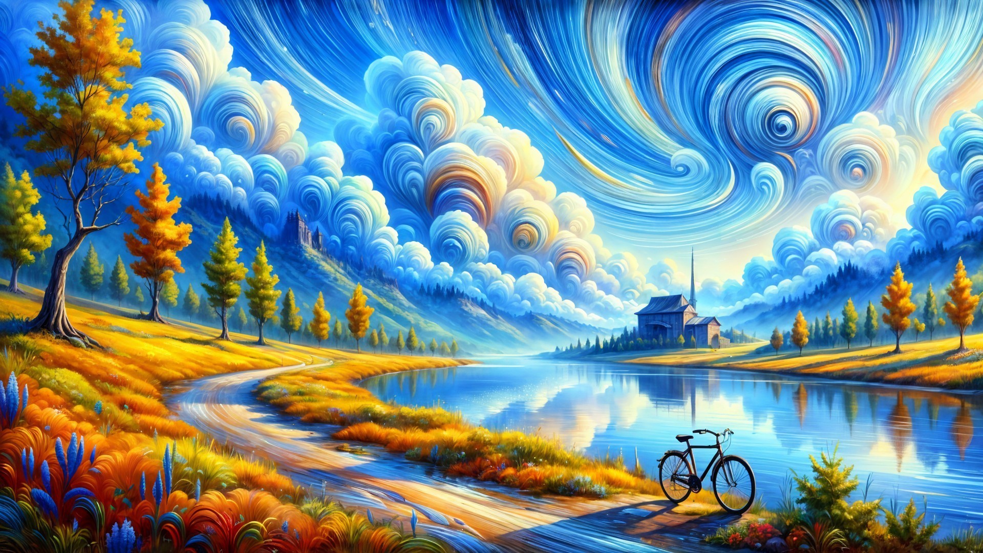 Vibrant Landscape with Lake and Autumn Trees