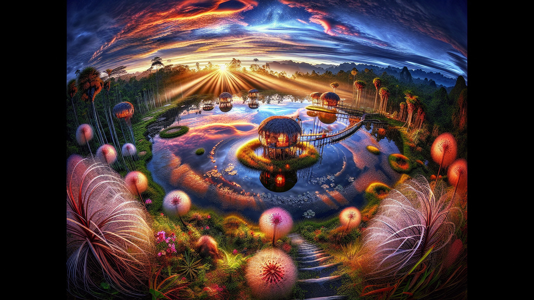 Surreal Landscape with Lake and Colorful Huts