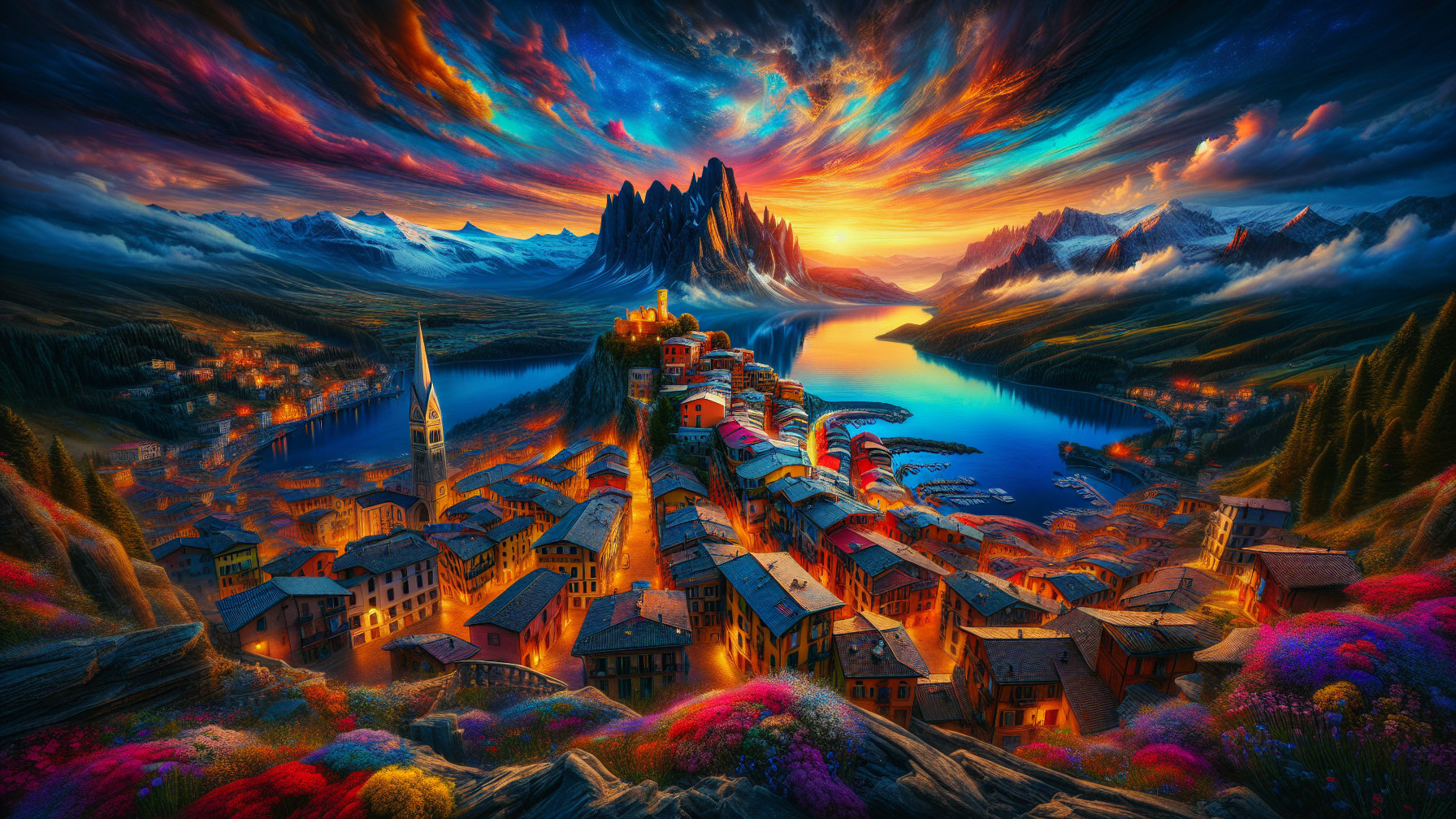 Vibrant village landscape by a serene sunset lake