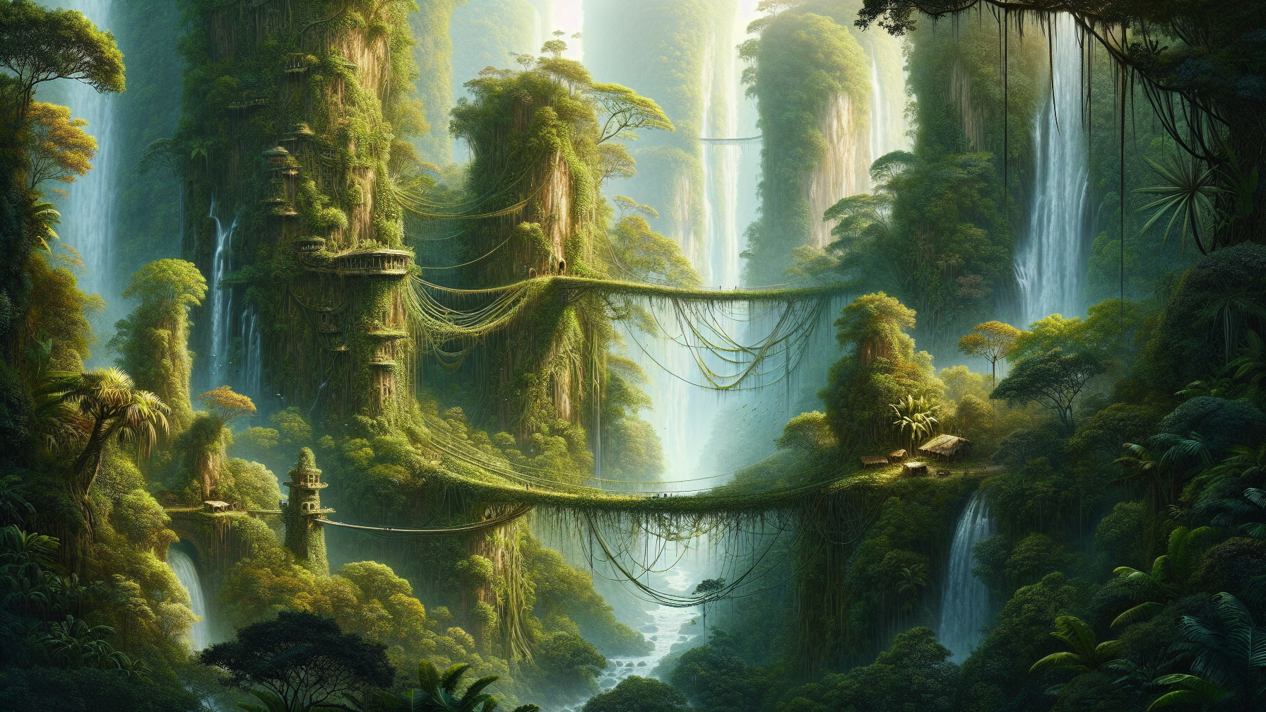 Lush Landscape with Green Cliffs and Waterfalls