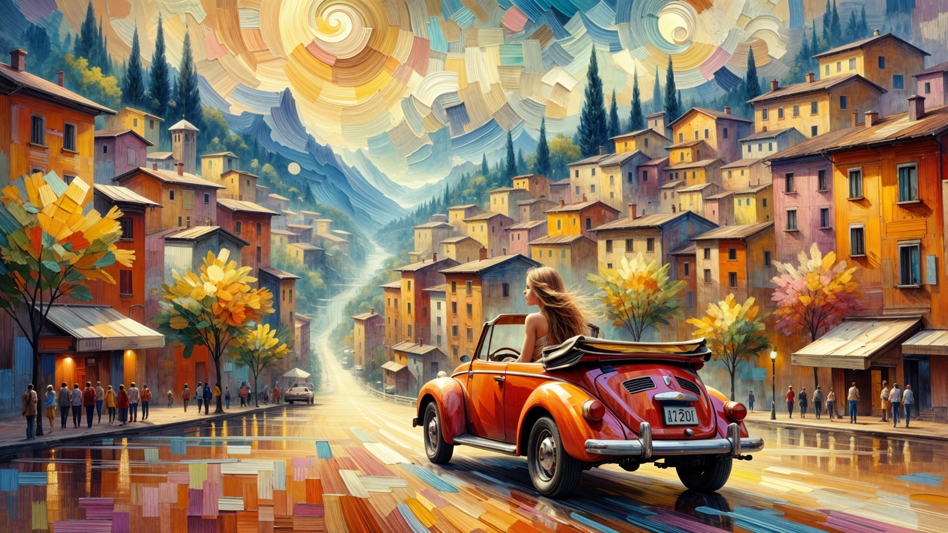 Classic Convertible in a Colorful Autumn Town Scene