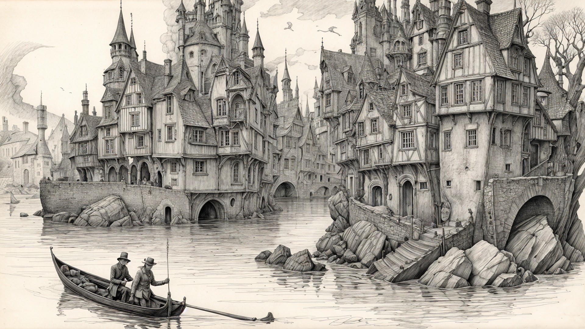 Whimsical Riverscape with Intricate Architecture