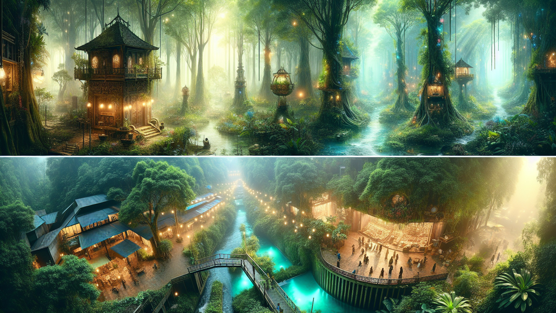 Mystical Forest Scene with Enchanting Treehouses