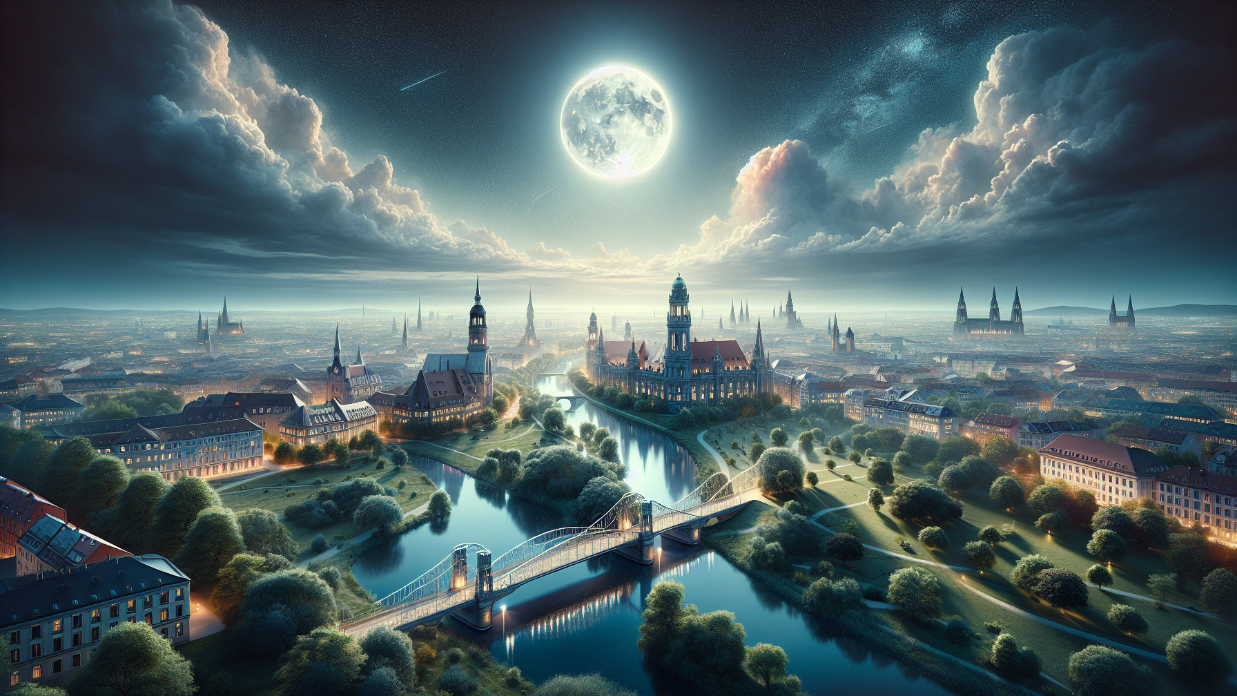 City Night Scene with Moonlit Skyline and River