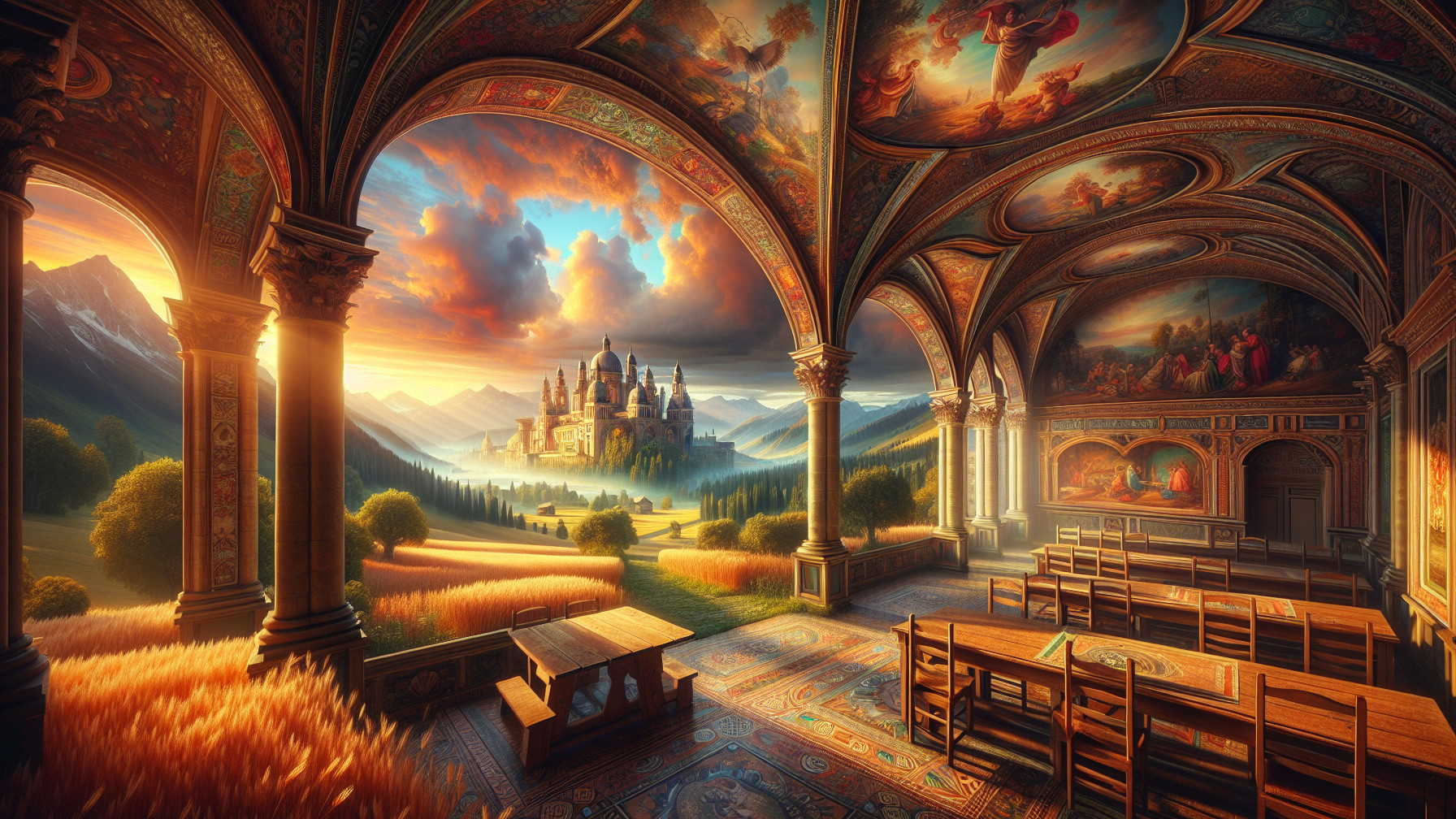 Ornate medieval ballroom with sunset landscape view