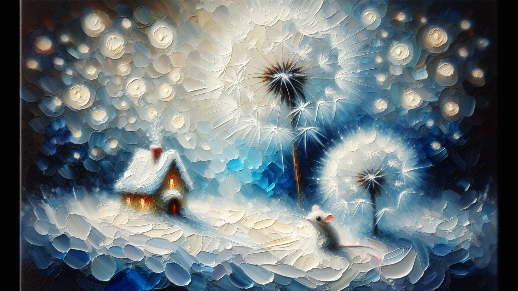 Winter Wonderland Scene with Cottage and Dandelions