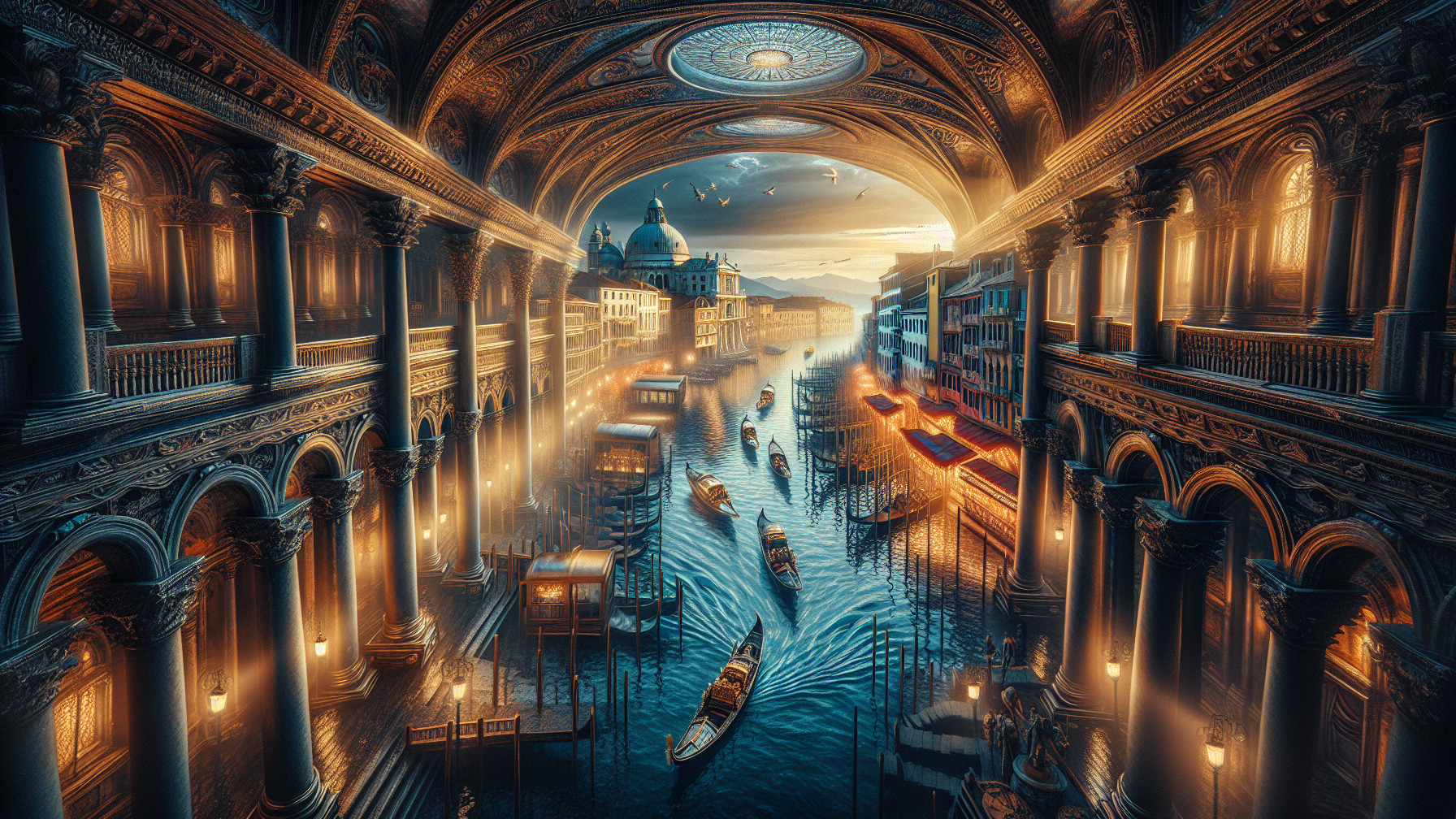 Surreal Venetian Twilight Scene with Gondolas and Arches