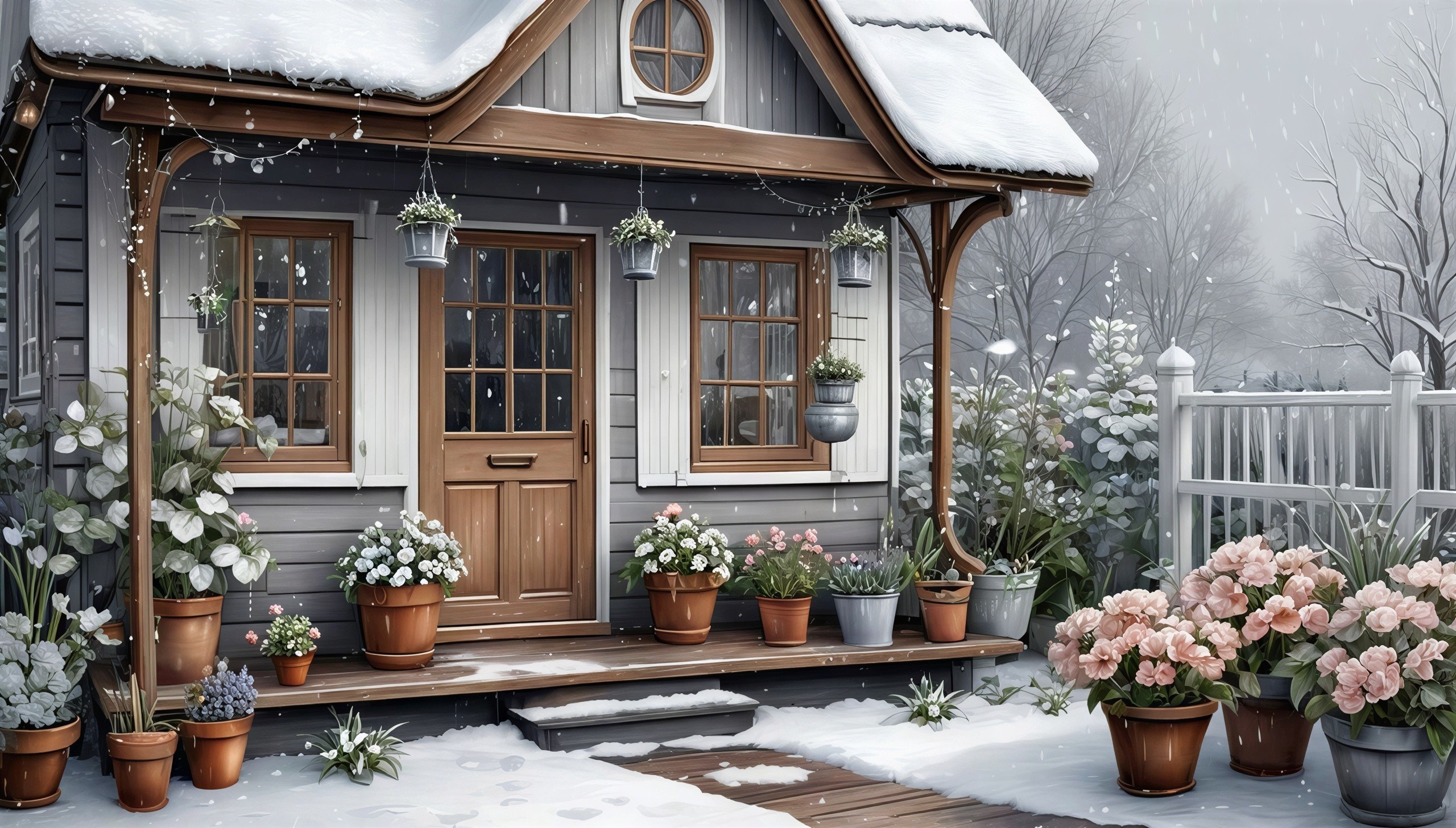 Charming Winter Cottage Surrounded by Potted Plants