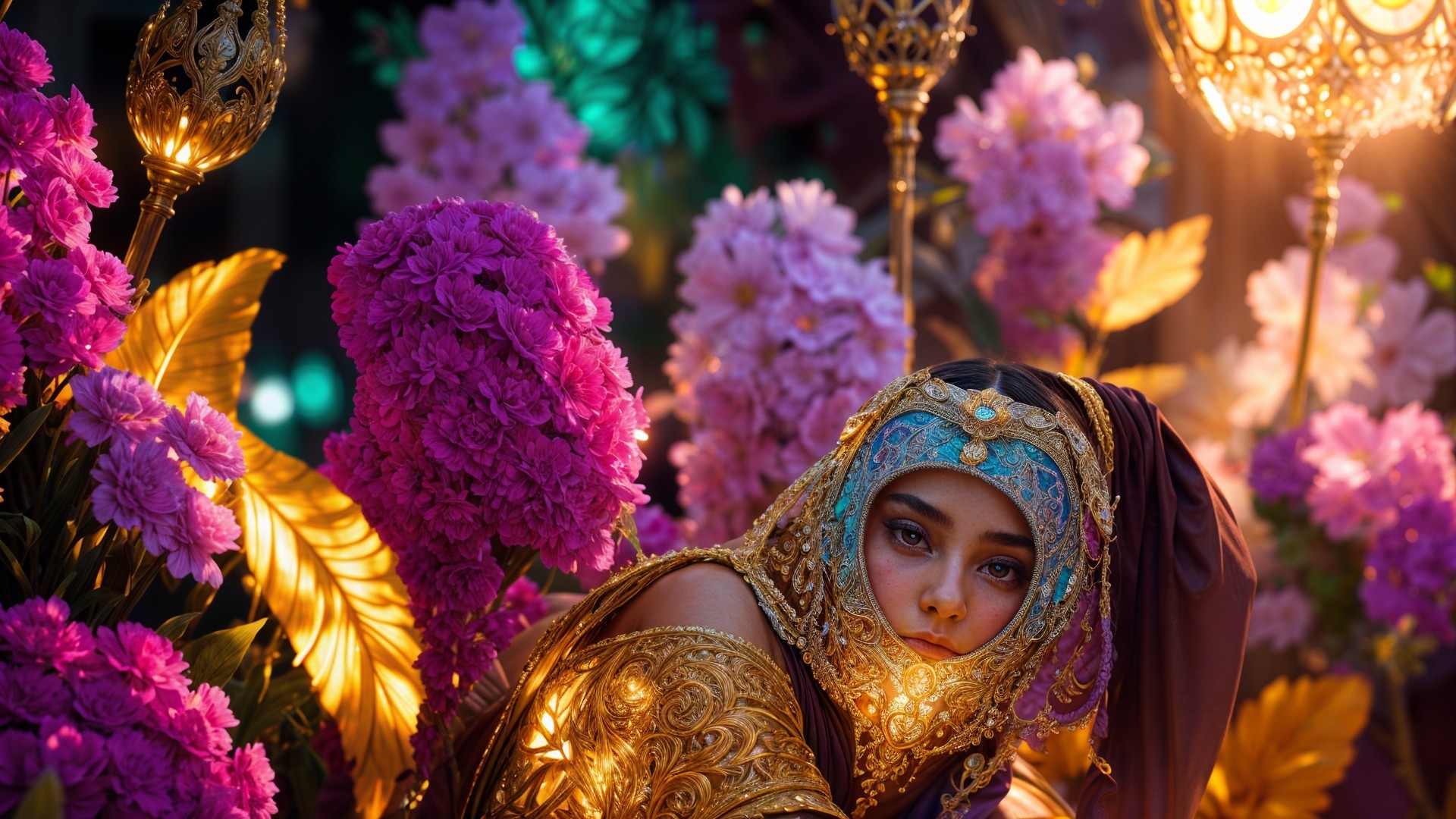 Young woman in golden attire among pink flowers