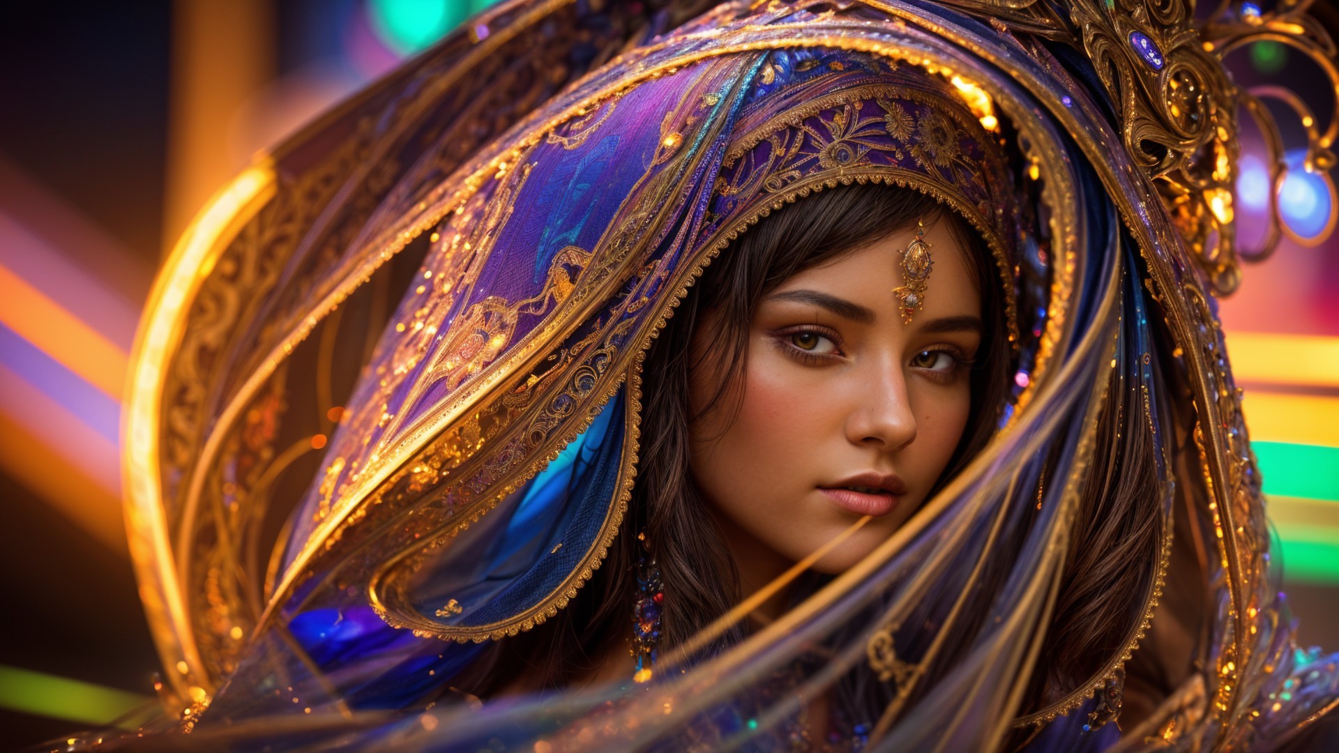 Young woman in shimmering headdress with rich fabrics