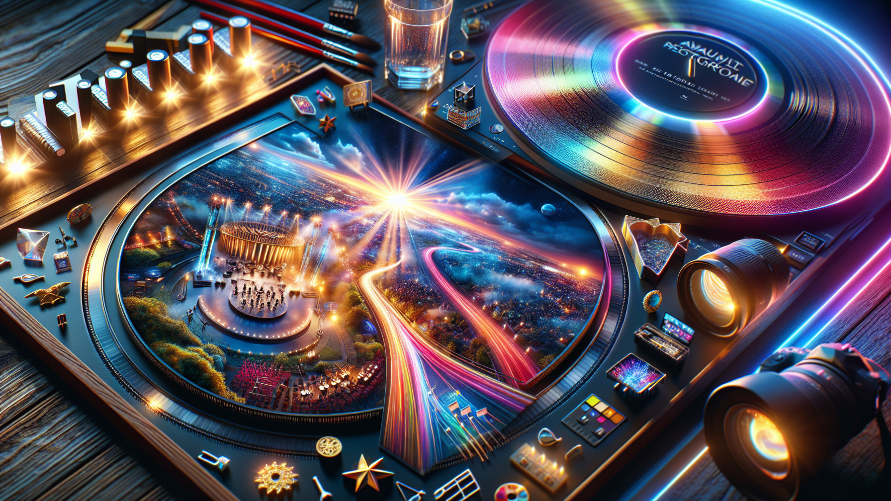 Vibrant Turntable in Colorful Cityscape Composition